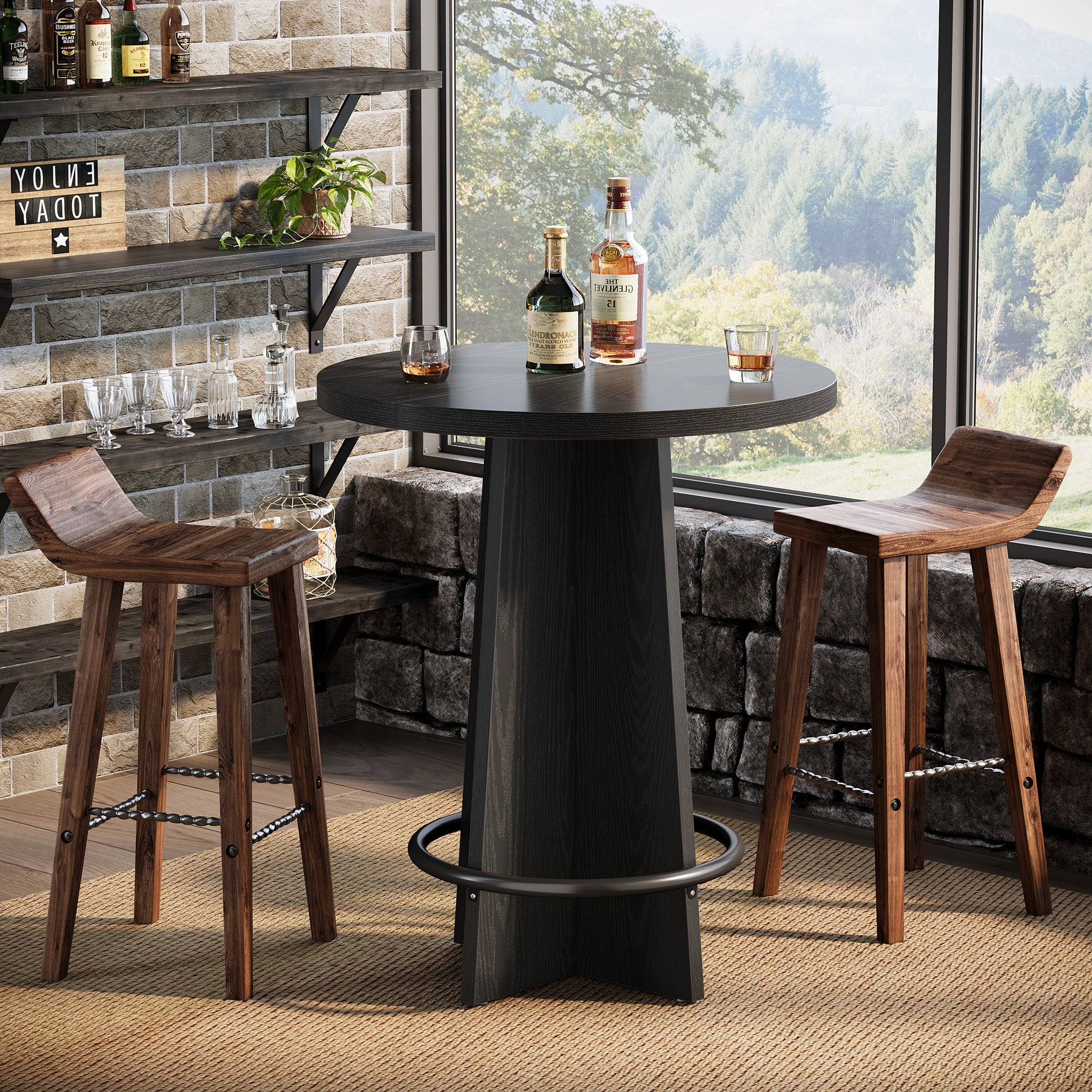 37.4-Inch Round Bar Table with Wooden Cross Base, Compact Pub Table with Ring Footrest