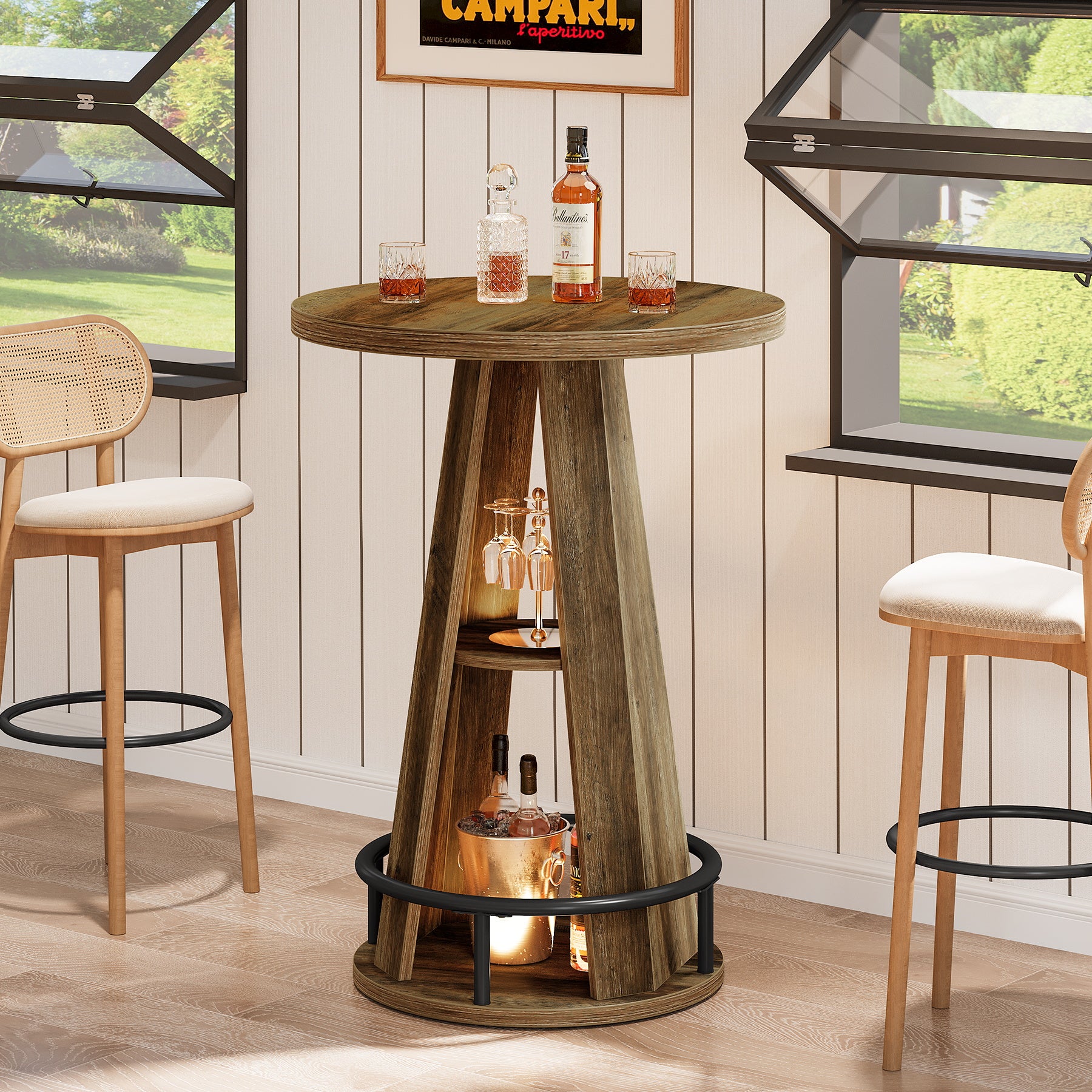 39.4-Inch Round Bar Table, High Top Industrial Bistro Table with Storage and Metal Footrest