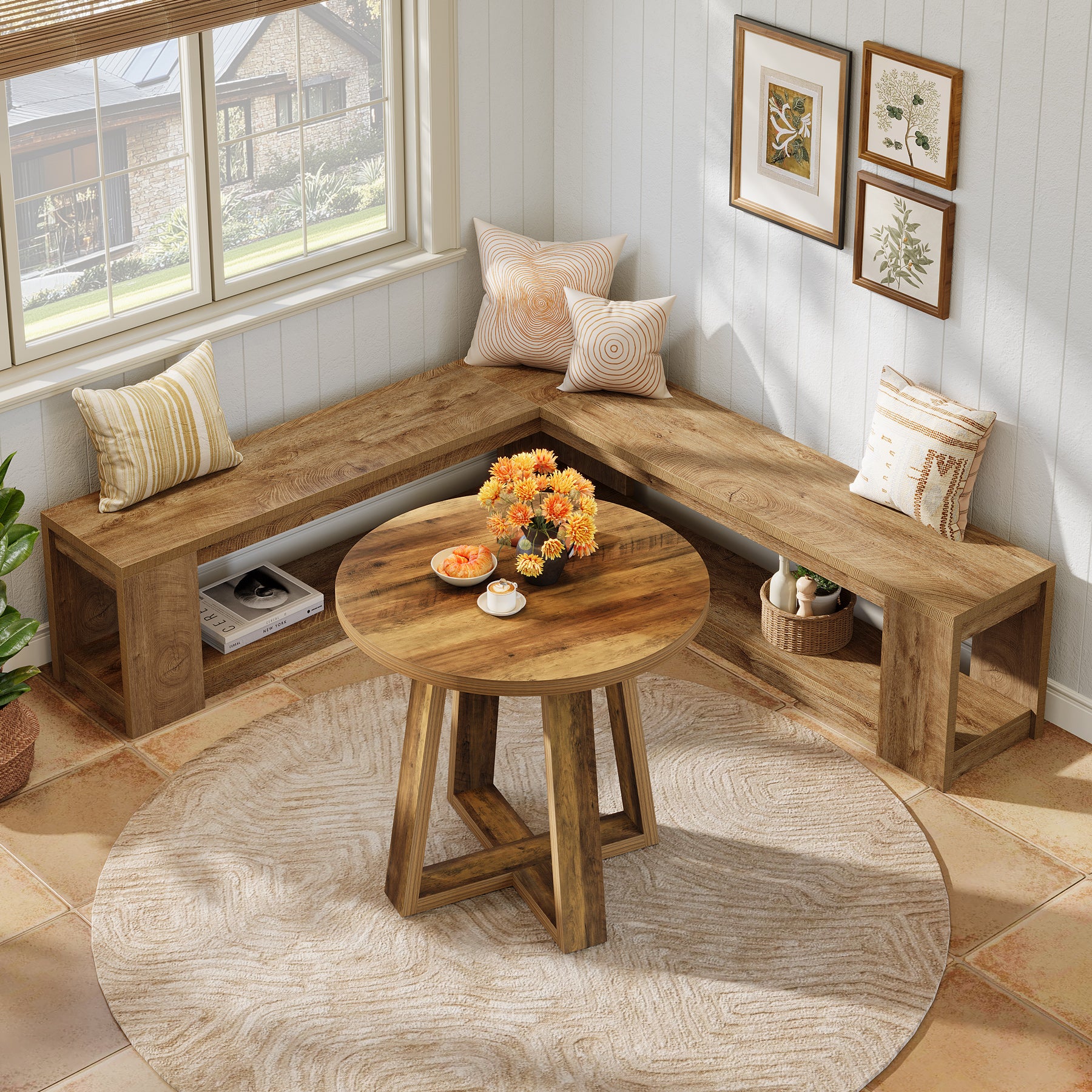 Tribesigns 61-Inch L-Shaped Shoe Bench with Storage, Farmhouse Corner Entryway Bench for Dining Room Living Room and Cloakroom