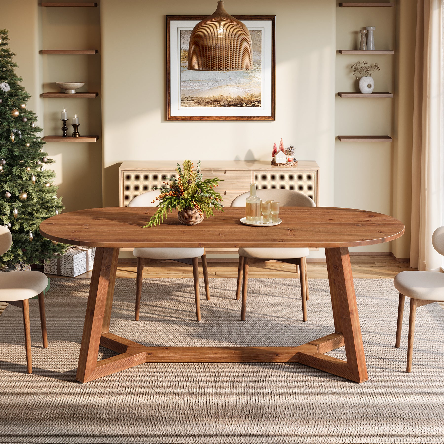 63" Oval Solid Wood Dining Table for 4-6, Farmhouse Kitchen Table with Sturdy Tapered Legs