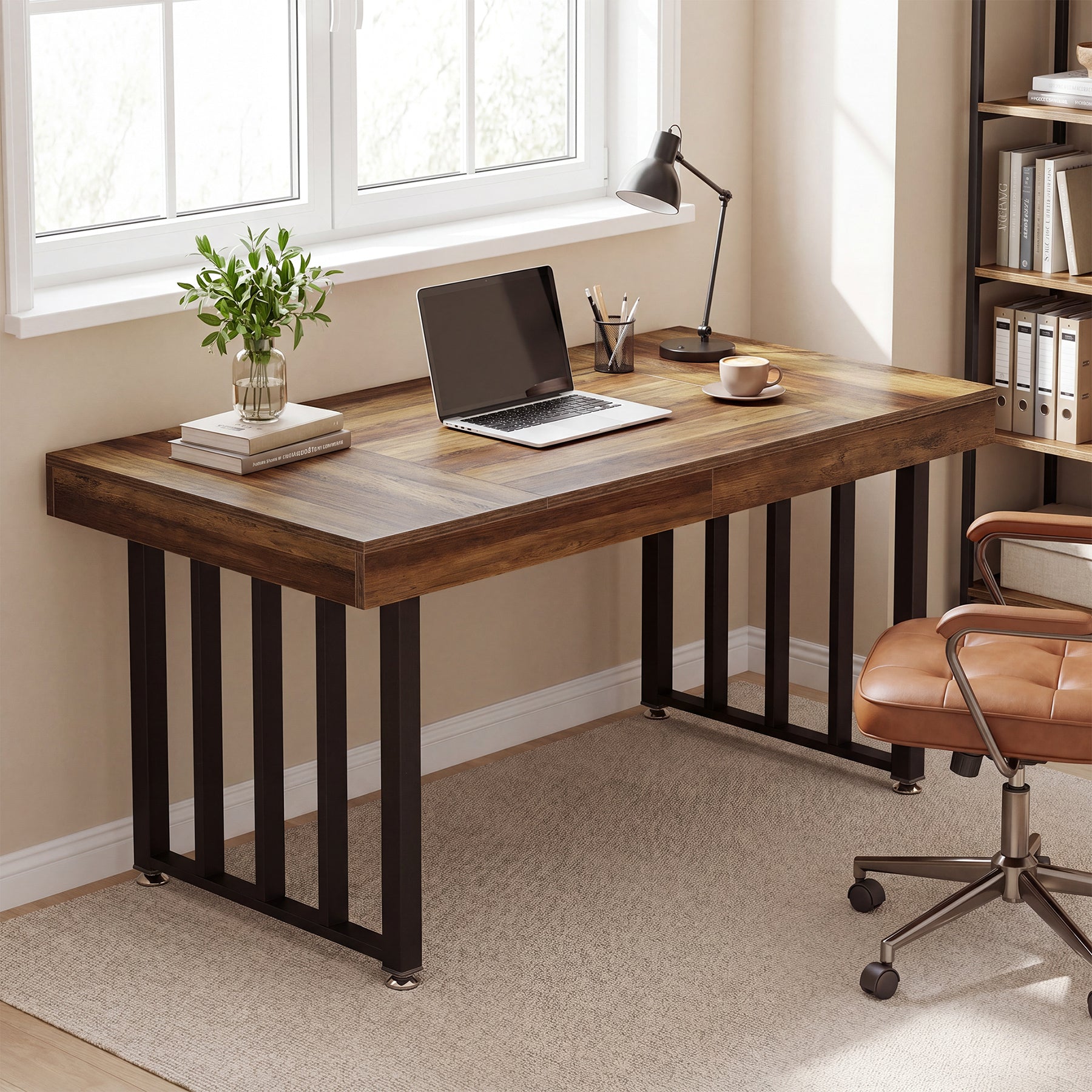 55 Inch Computer Desk with Reinforced Metal Frame, Modern Writing Table for Home Office