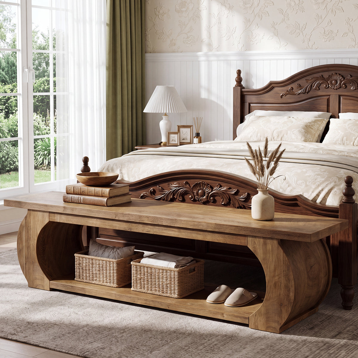 63 Inch Storage Bench with Open Shelf and Curved Wood Frame, Farmhouse End of Bed Bench for Bedroom