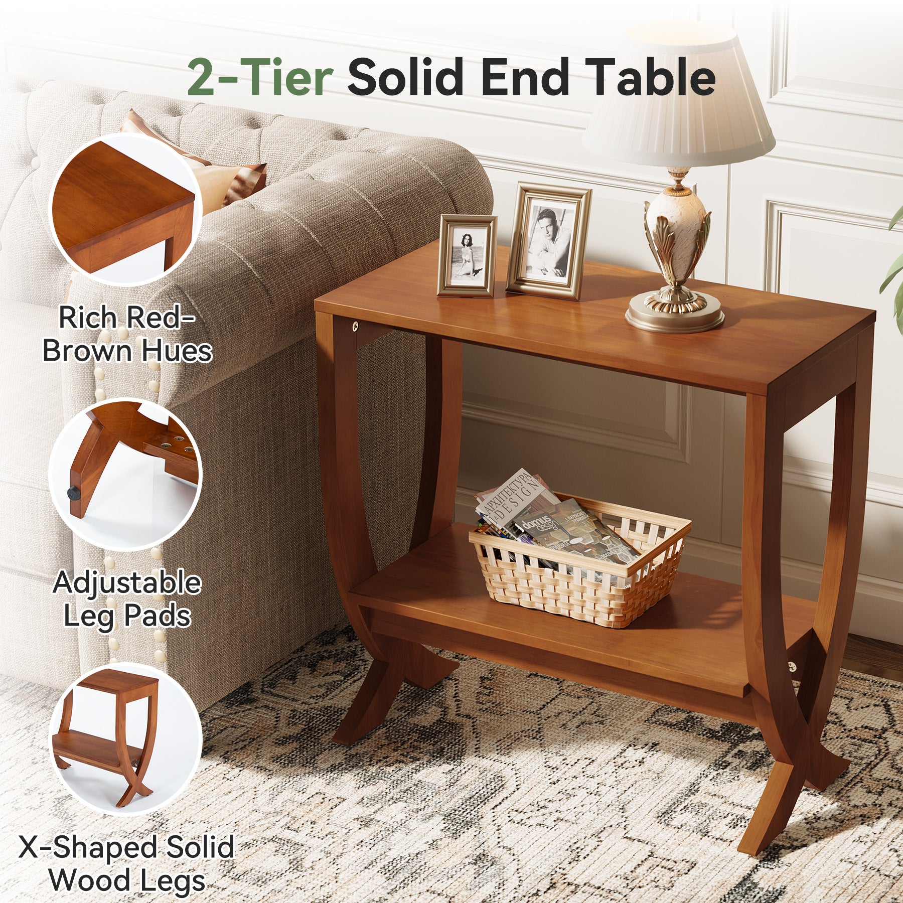 Tribesigns 23.62" Small Solid Wood Side Table with Arched Legs, 2-Tier End Table for Sofa Side