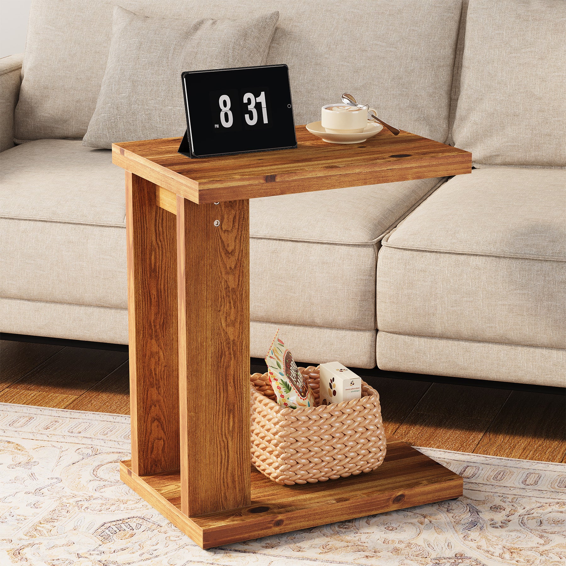 Tribesigns 23.6" C-Shaped End Table, Solid Wood 2-Tier Side Table for Sofa and Living Room