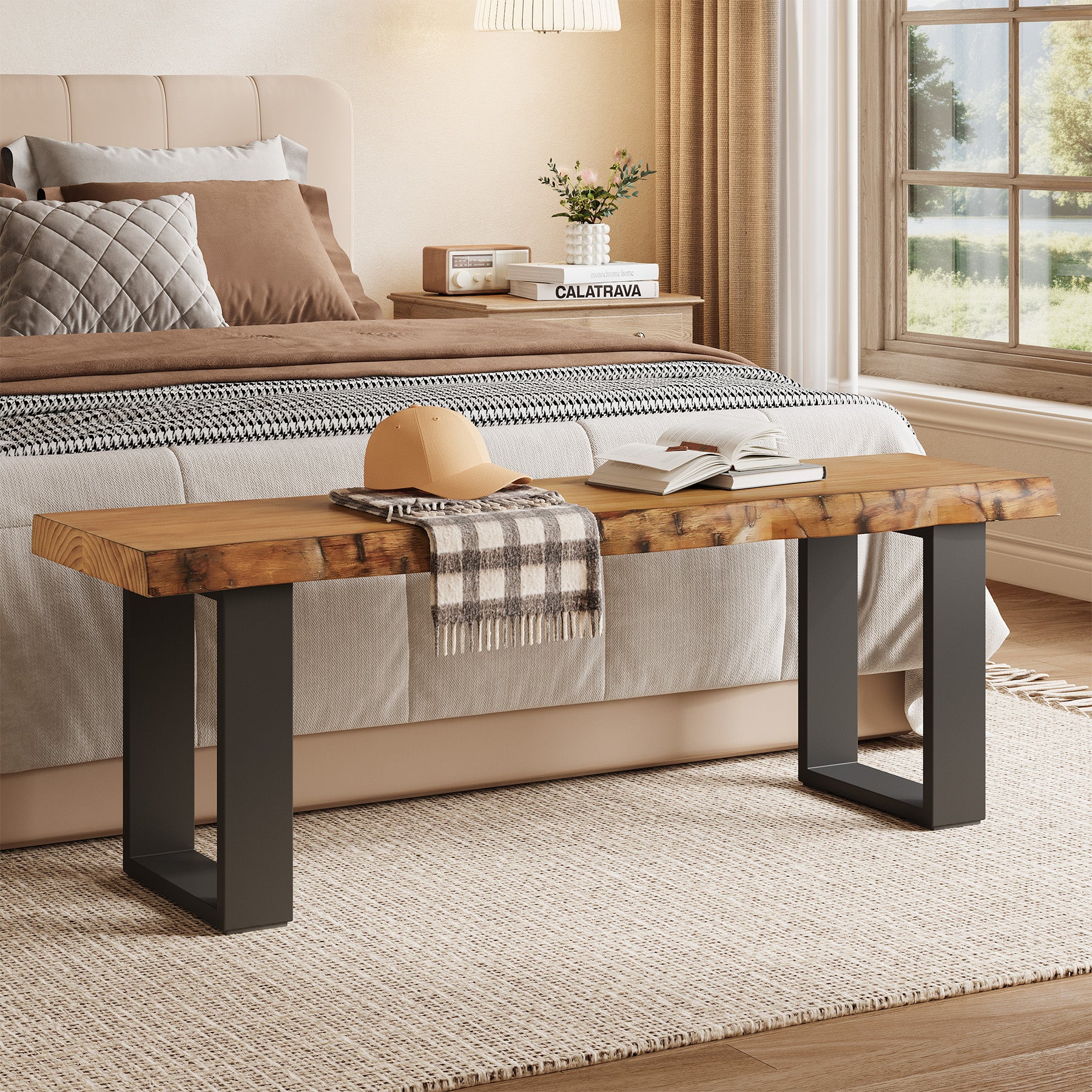 Tribesigns 47.24-Inch Industrial Entryway Bench with Solid Wood Seat, Narrow Shoe Bench for Bedroom and Hallway