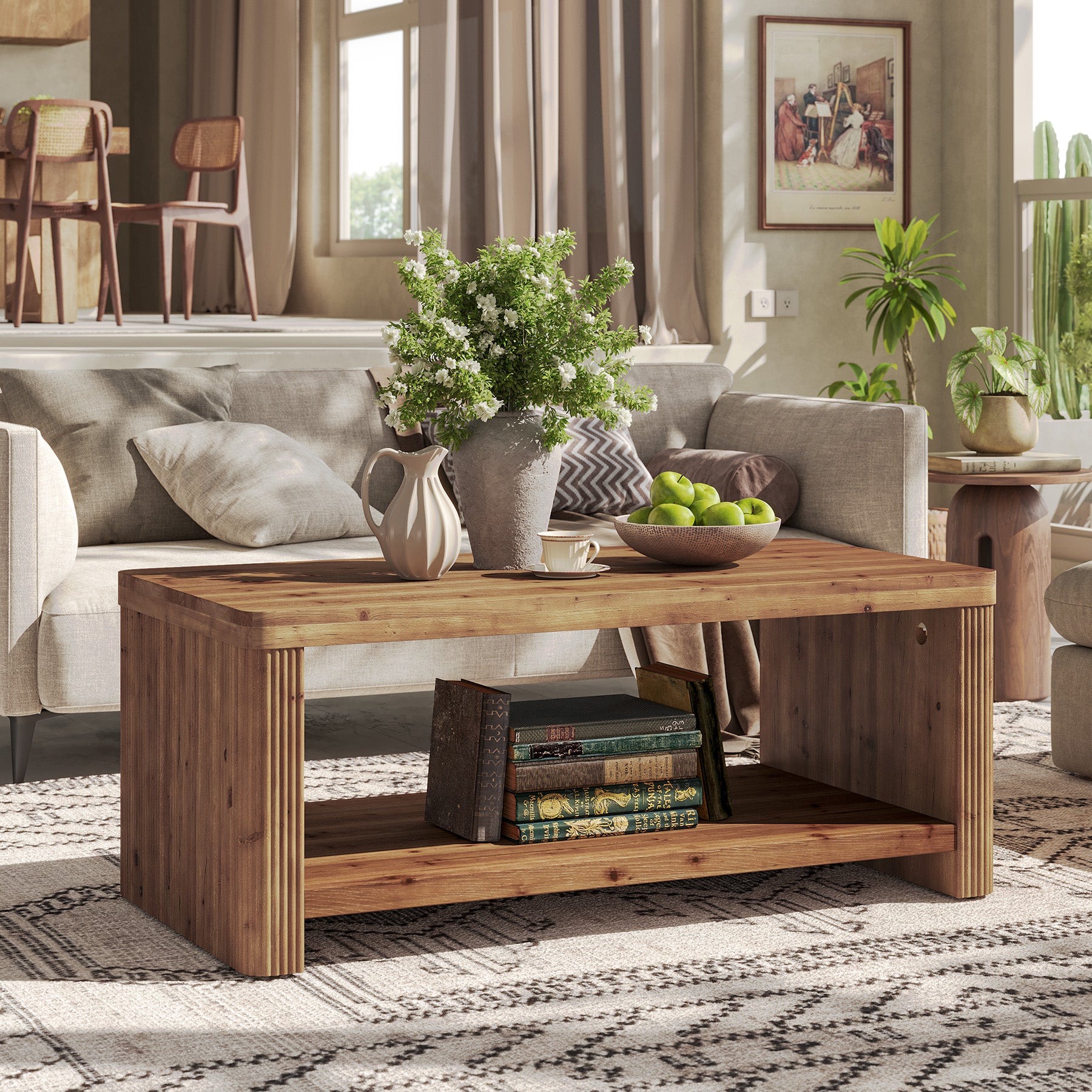 47.24" Solid Wood Coffee Table in Rustic Brown, Modern Fluted Low Rectangle Center Table with 2-Tier Storage