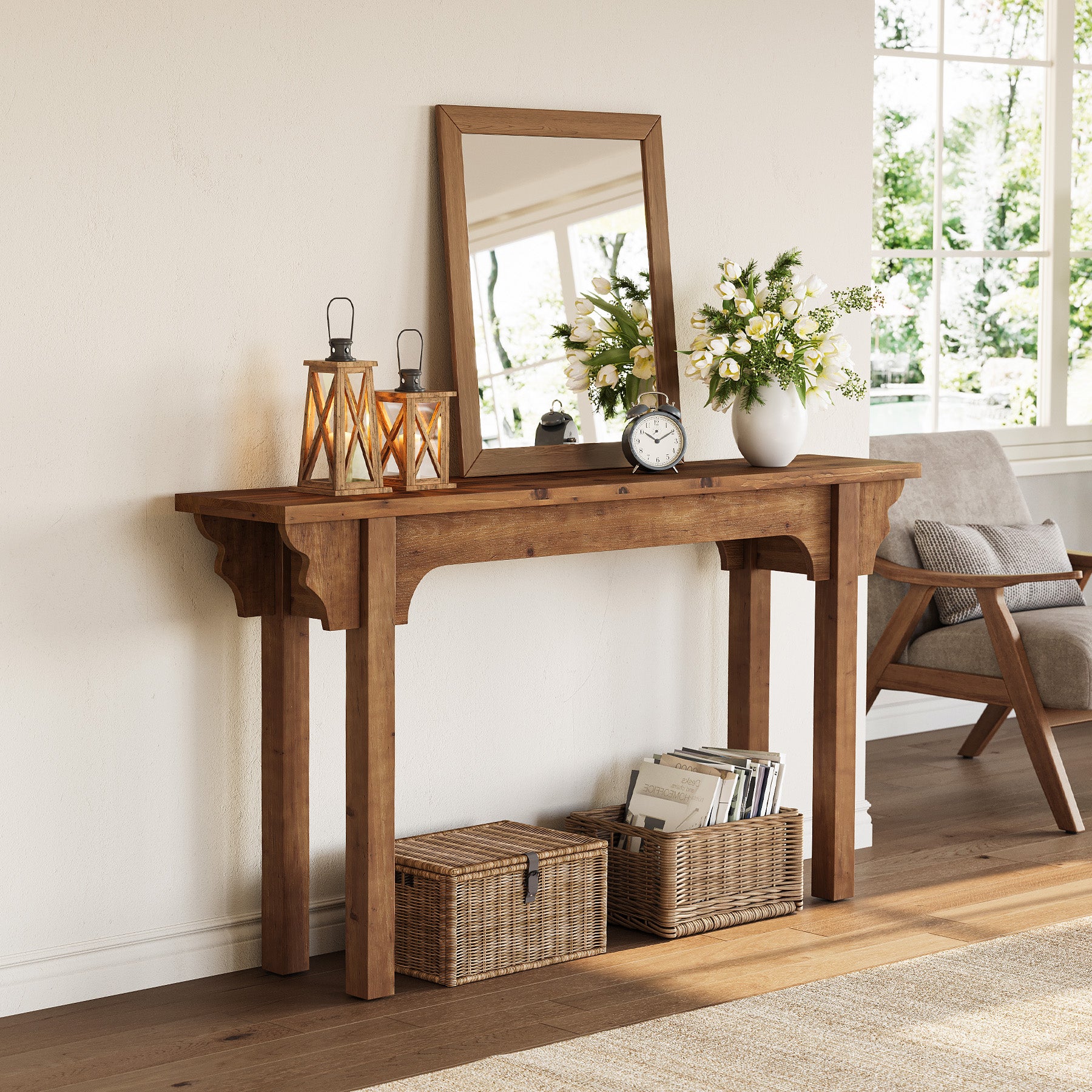 Tribesigns 63-Inch Solid Wood Console Table with Unique Side Design, Farmhouse Narrow Sofa Table for Entryway