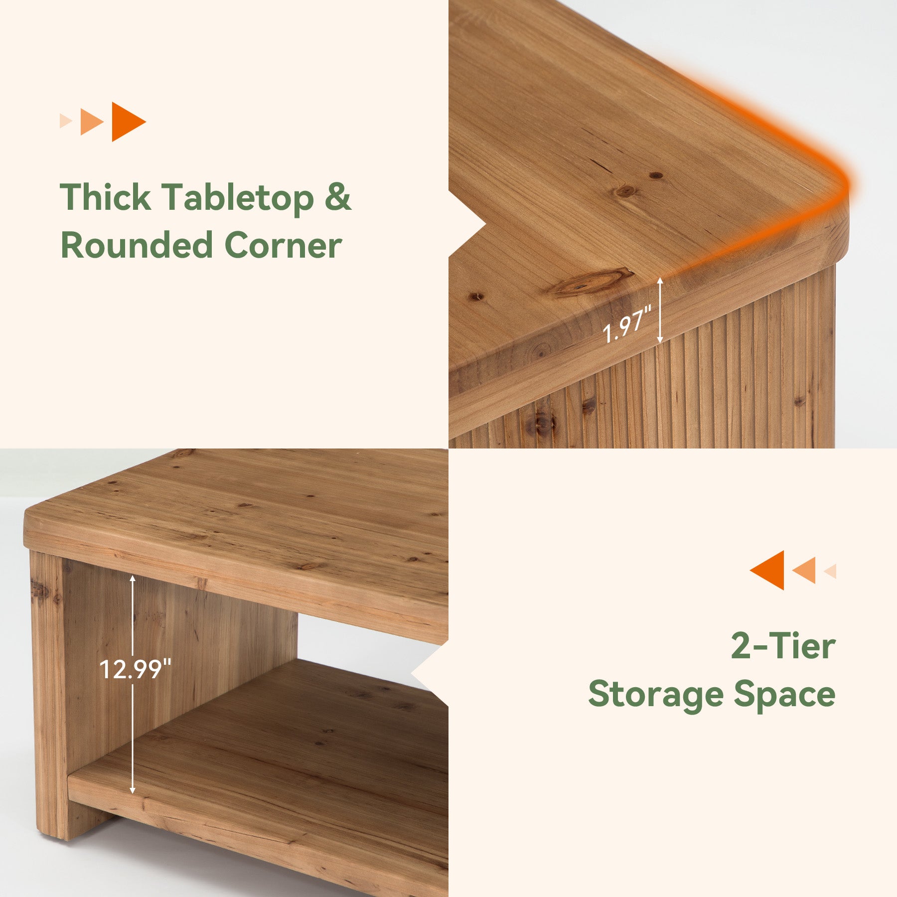 47.24" Solid Wood Coffee Table in Rustic Brown, Modern Fluted Low Rectangle Center Table with 2-Tier Storage