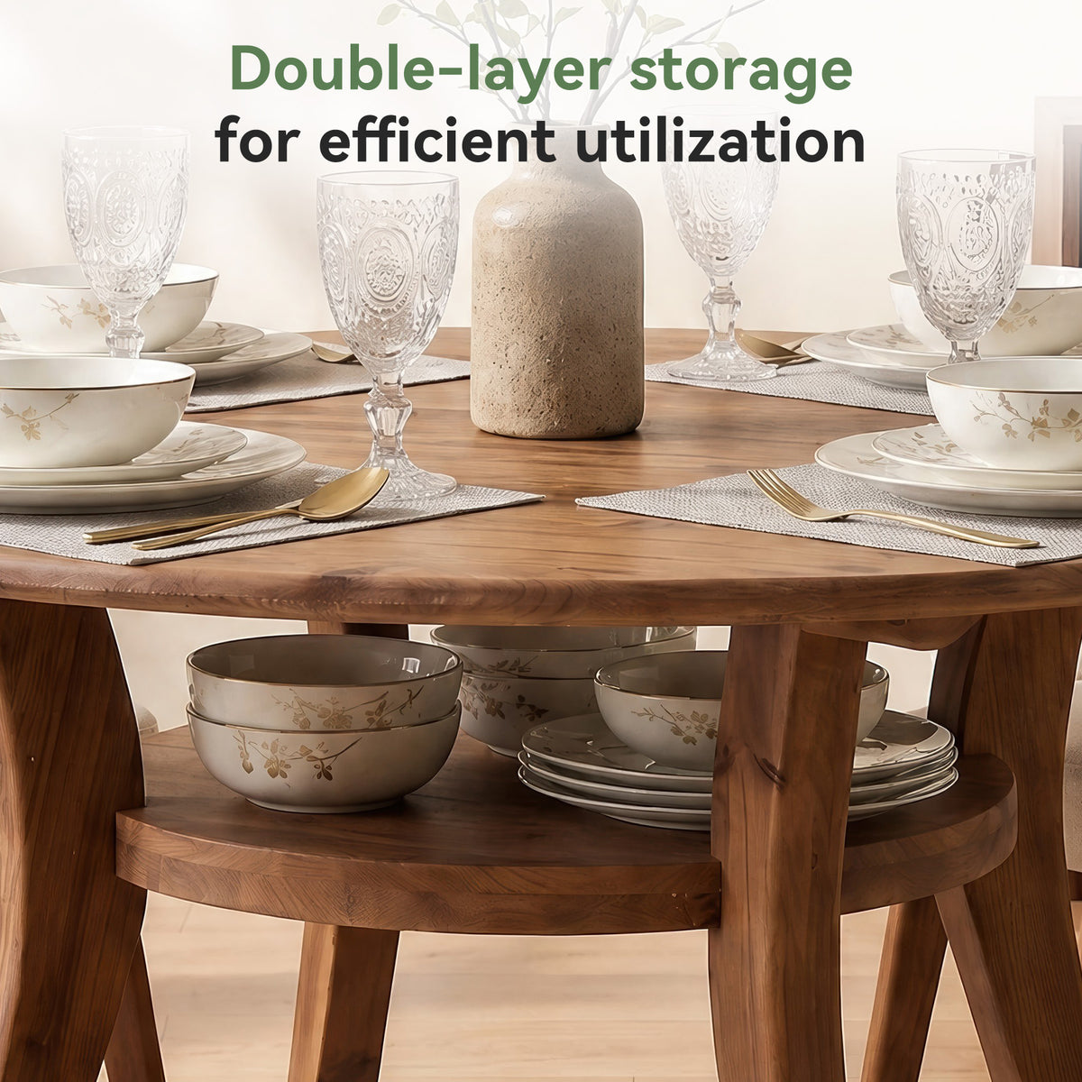 Tribesigns 47.2 Inch Solid Wood Round Dining Table for 4-6, Farmhouse Kitchen Table with Lower Storage Shelf