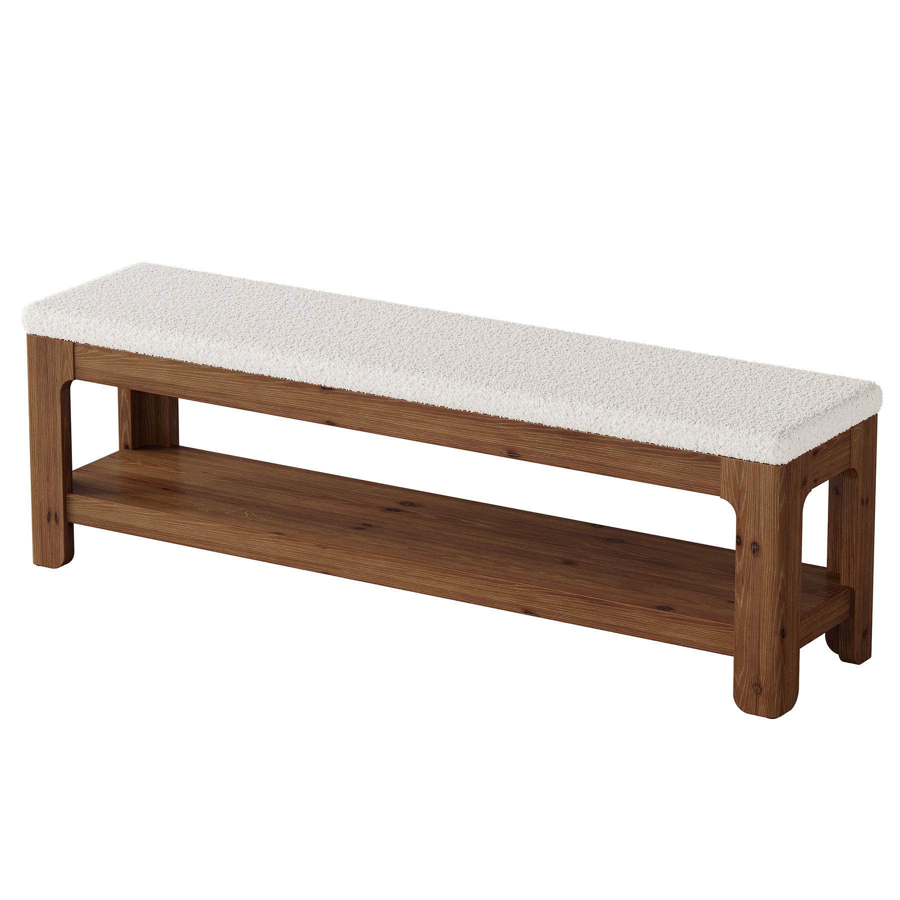 55-Inch Solid Wood Storage Bench with Faux Wool Seat, Entryway Bench for Bedroom