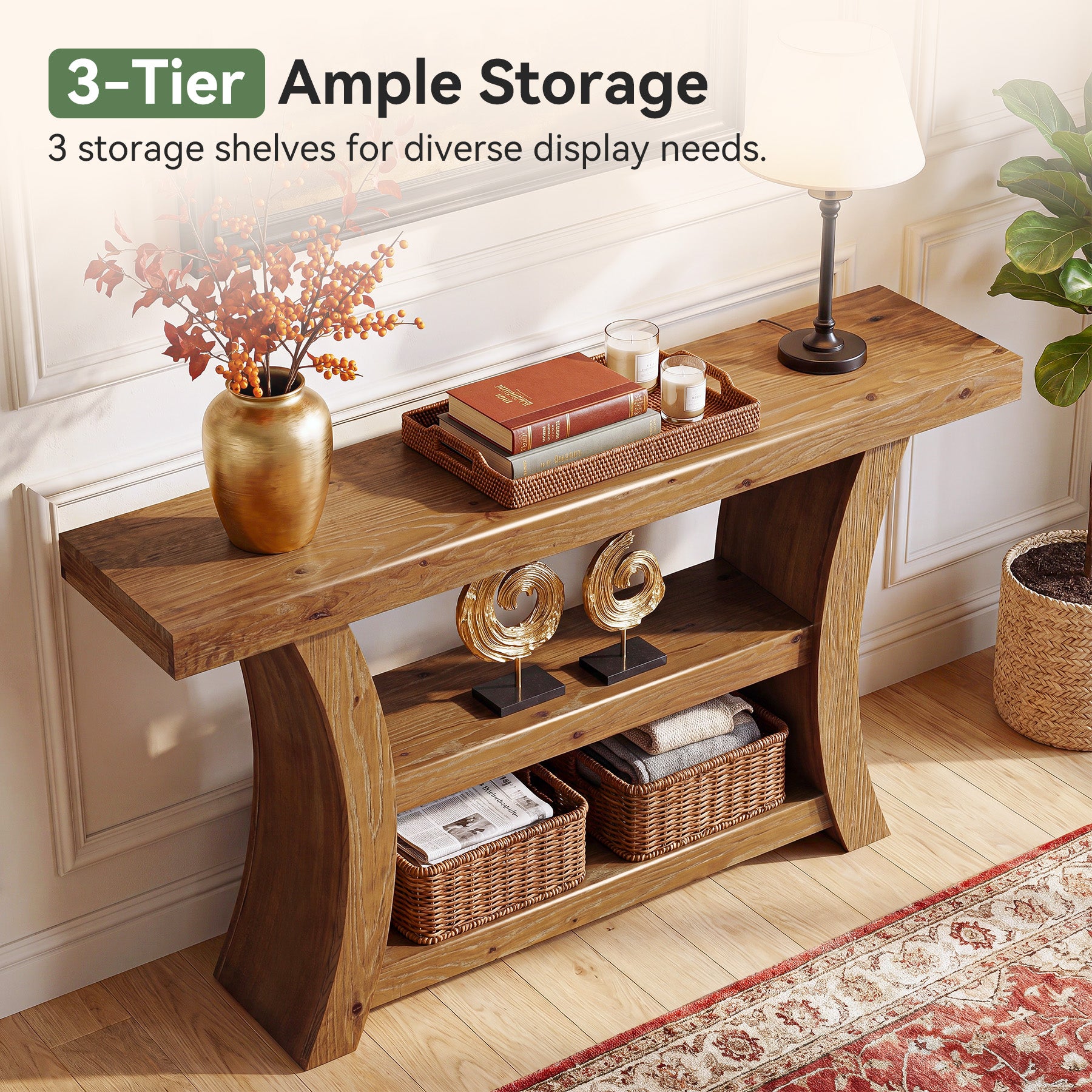 Tribesigns 55-Inch Solid Wood Console Table with 3-Tier Storage, Curved Entryway Table for Hallway