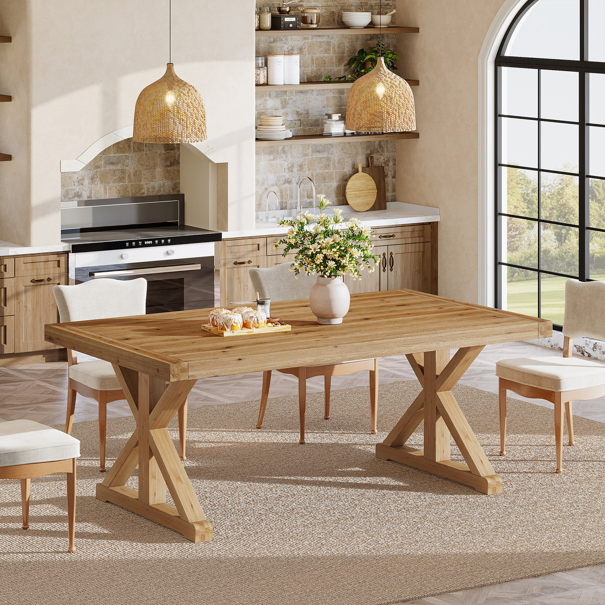 63 Inch Solid Wood Dining Table for 4-6, Farmhouse Kitchen Table with X-Shaped Legs for Dining Room