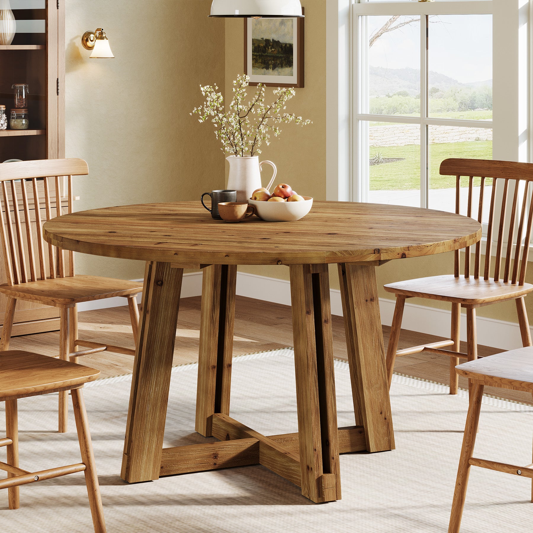 Tribesigns 47.3-Inch Solid Wood Round Dining Table for 4-6 People, Farmhouse Kitchen Table with Cross-Shaped Base for Dining Room