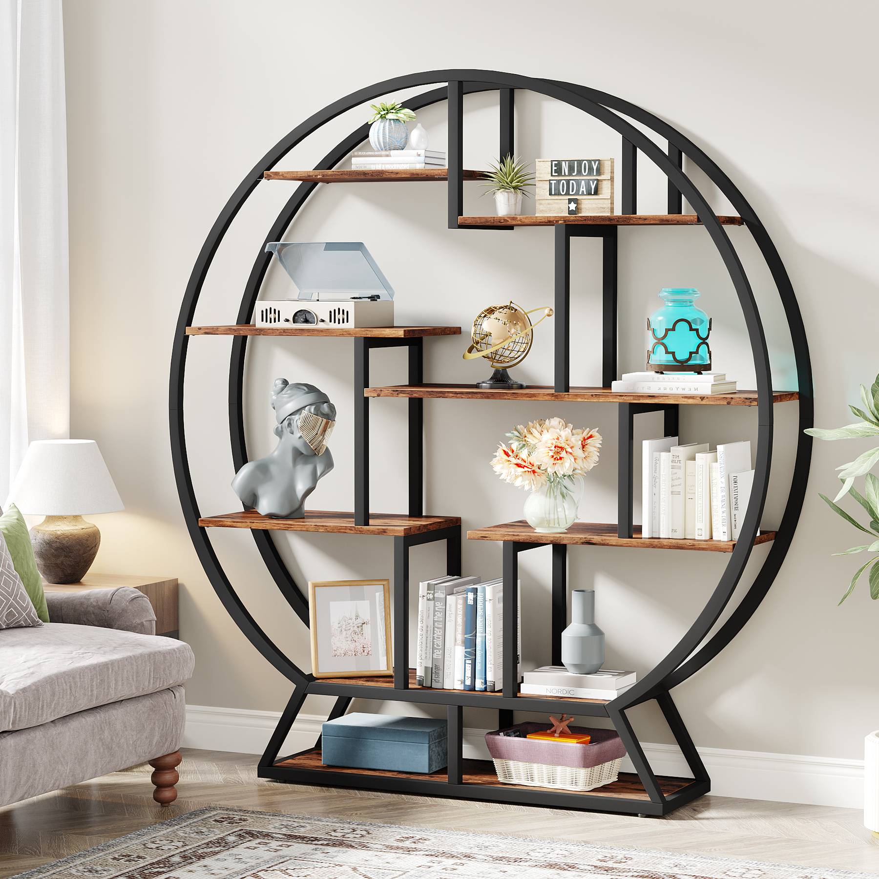 Tribesigns Bookshelf, 63 Inch Round Etagere Bookcase with Staggered Shelves Tribesigns