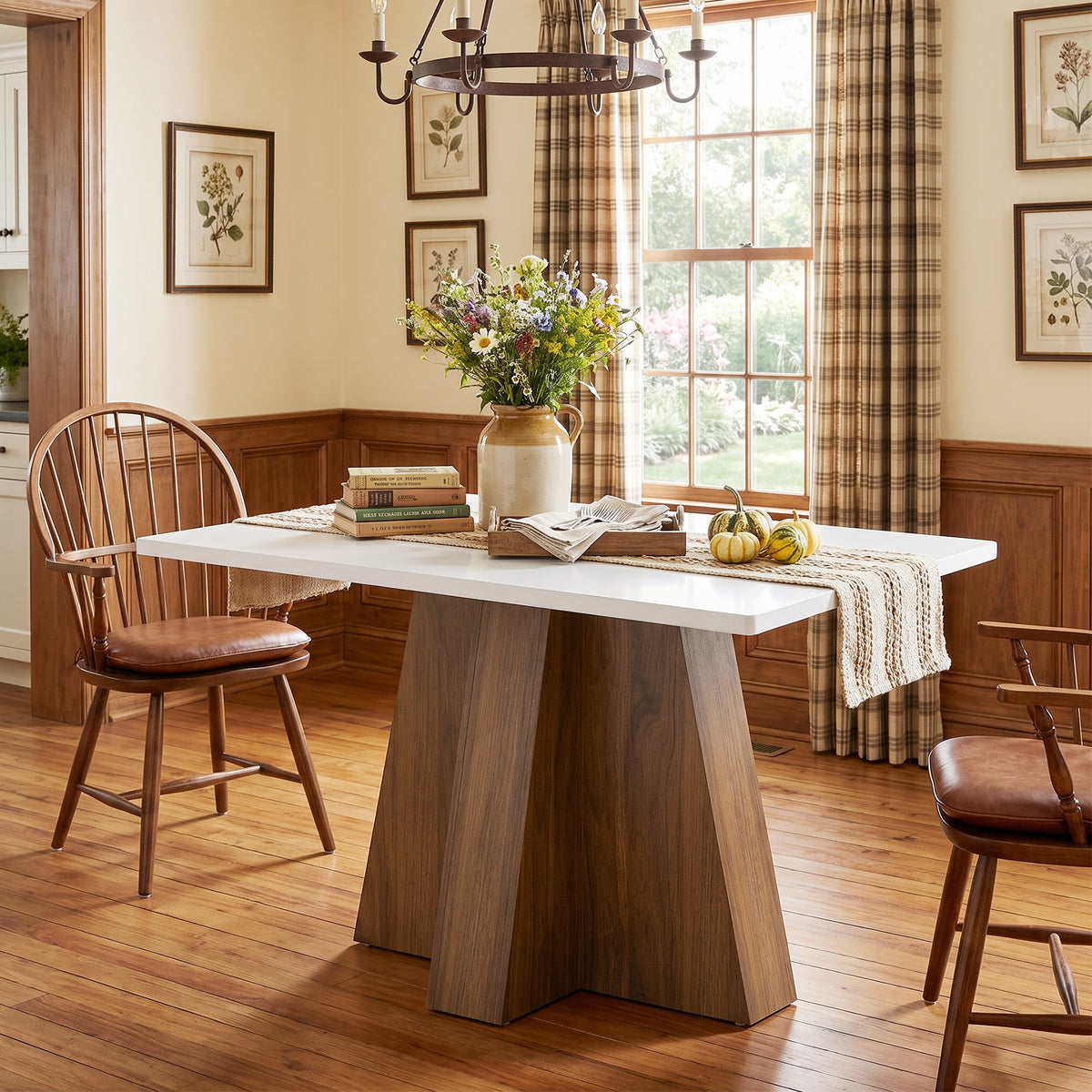 Tribesigns 47 Inch Rectangular Dining Table for 4-6, White Tabletop with Walnut Wood Base for Kitchen and Dining Room