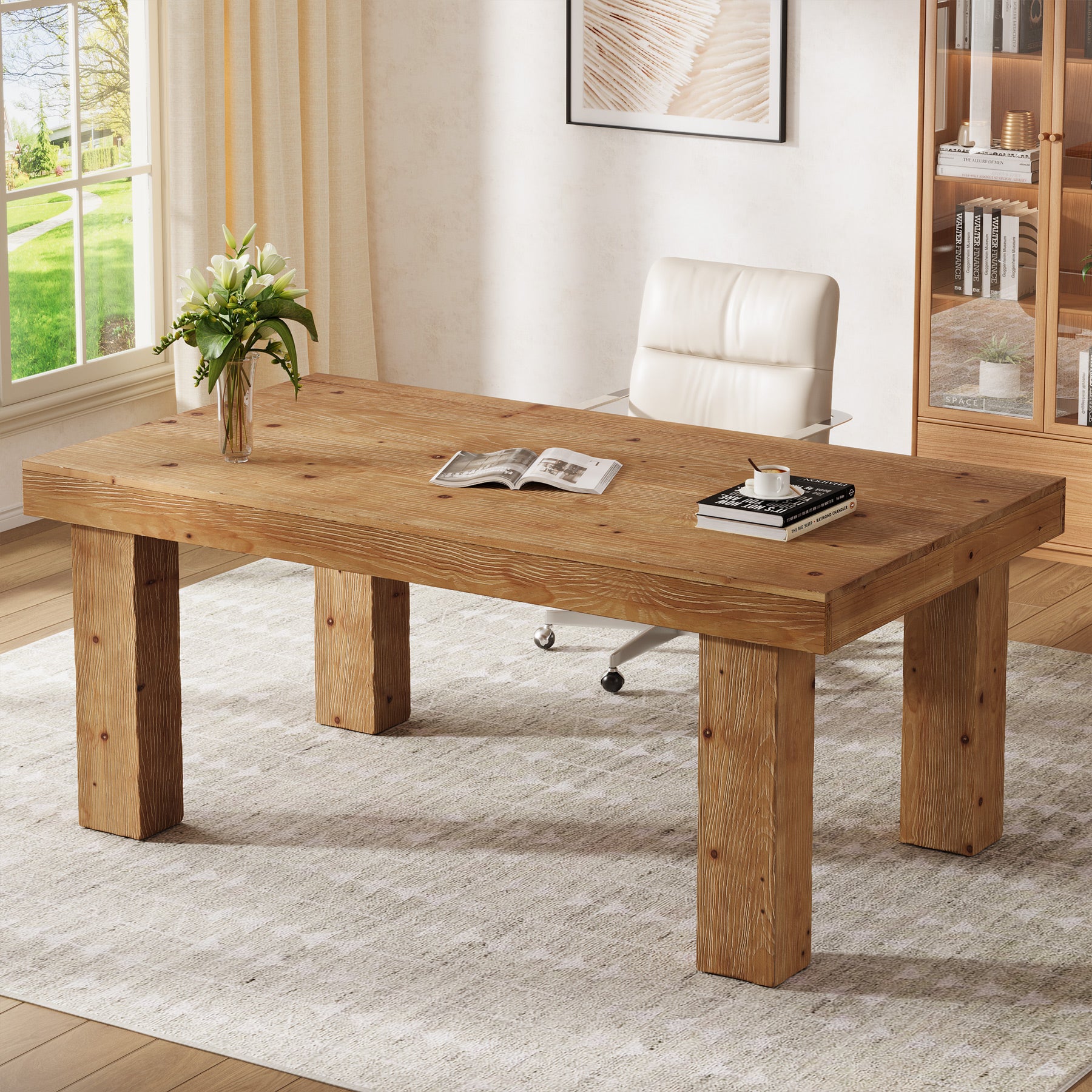 63-Inch Solid Wood Executive Desk with 3.74-Inch Thick Desktop and 350 lb Capacity, Farmhouse Computer Desk for Home Office Study and Business Workstation