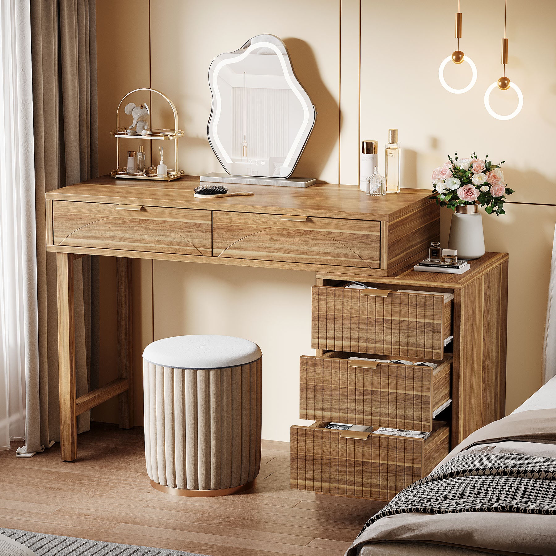 Makeup Vanity Desk with 5 Drawers, Reversible Dressing Table for Bedroom and Narrow Spaces (without mirror)
