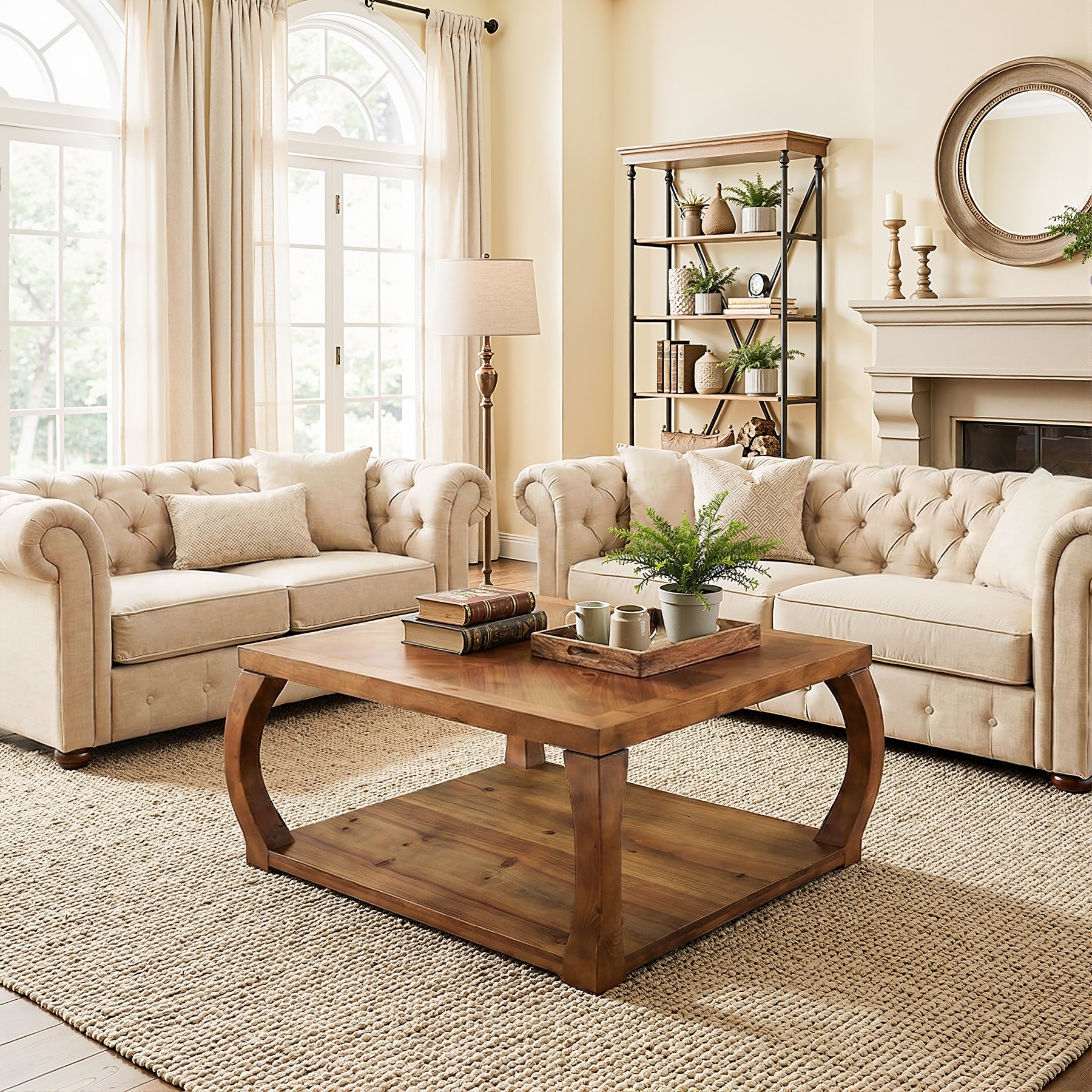 Tribesigns 31.49-Inch Square Solid Wood Coffee Table, Farmhouse Accent Table with Storage