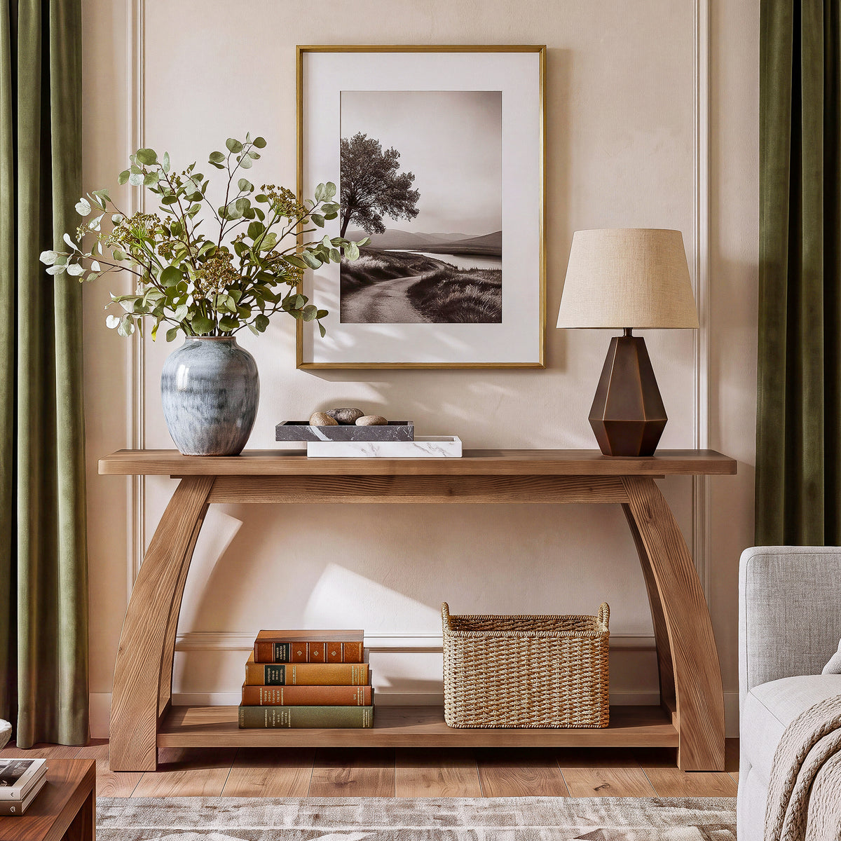 Tribesigns 63 Inch Solid Wood Console Table with Arched Legs, 2-Tier Entryway Table for Hallway