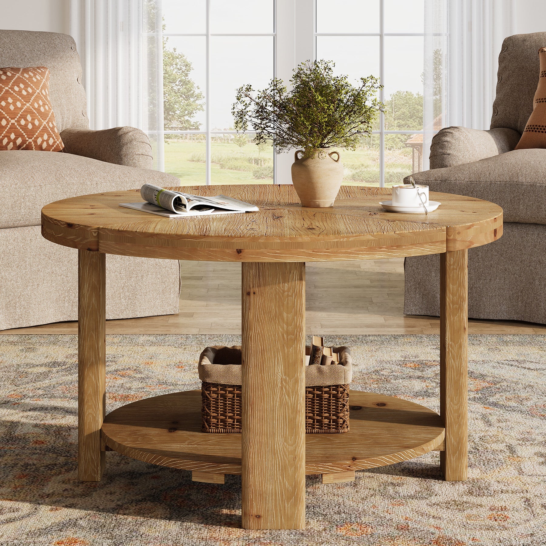 31.5" Farmhouse 2-Tier Coffee Table, Round Solid Wood Storage Table in Natural Brown