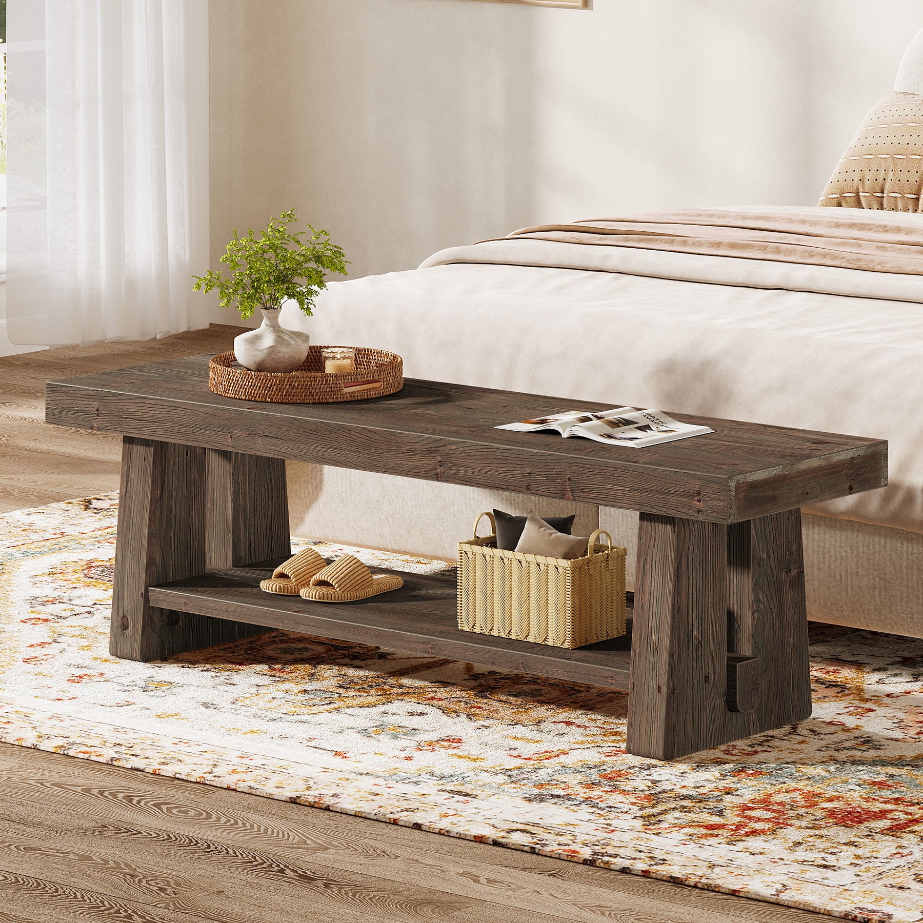 Tribesigns 63-Inch Solid Wood Farmhouse Bench with 2-Tier Open Shoe Storage