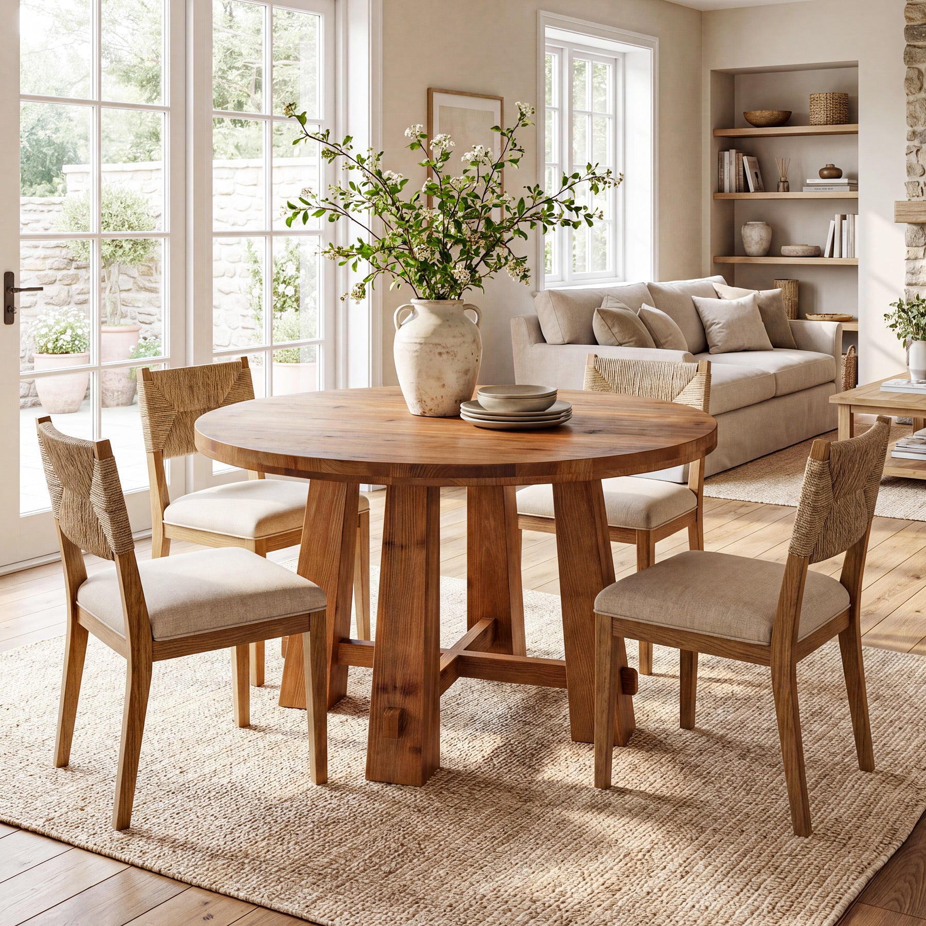 39.4 Inch Solid Wood Round Dining Table with Cross Base, Farmhouse Kitchen Table for 2-4