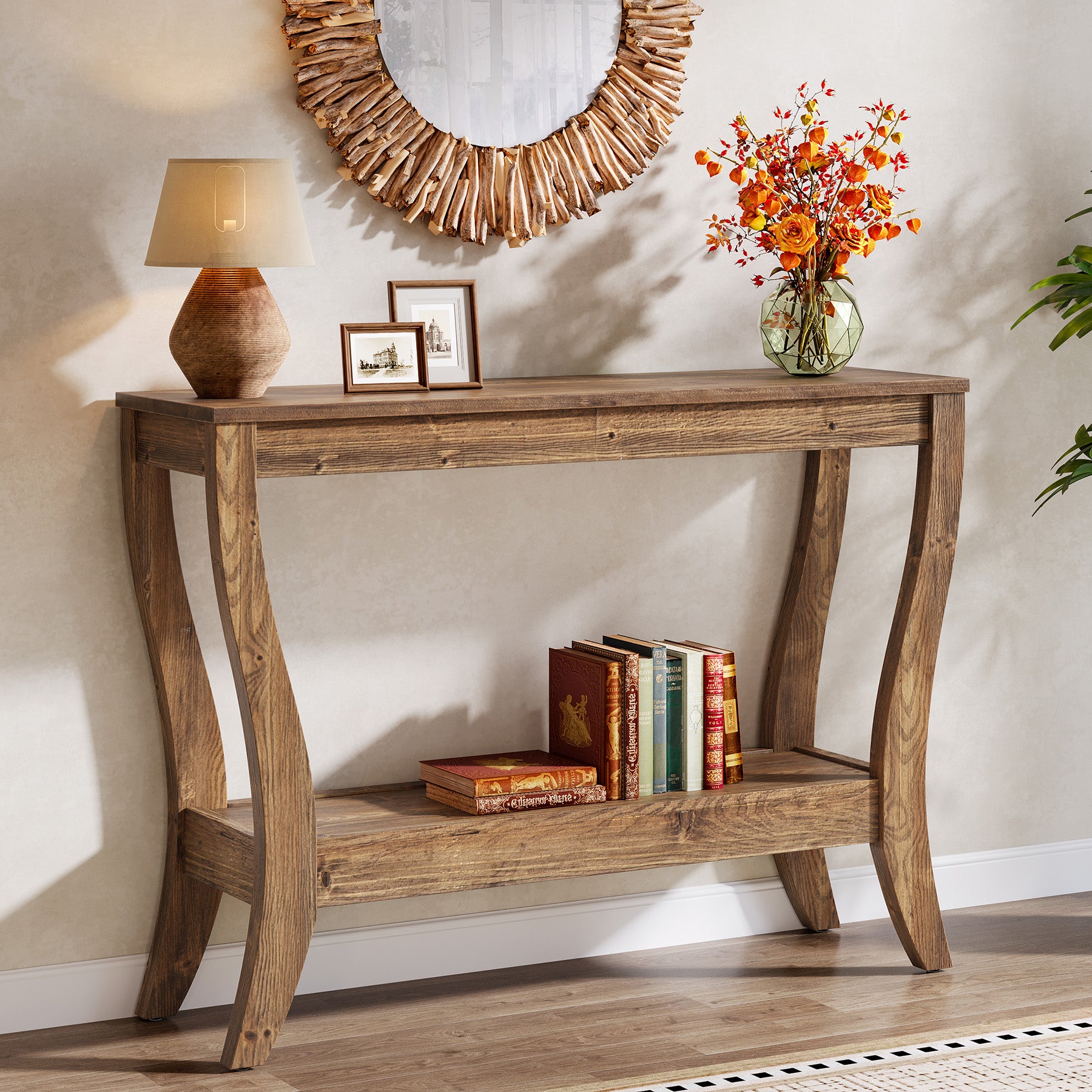 41.3-Inch Solid Wood Console Table with Storage Shelf, Farmhouse 2-Tier Entryway and Sofa Table for Living Room and Hallway