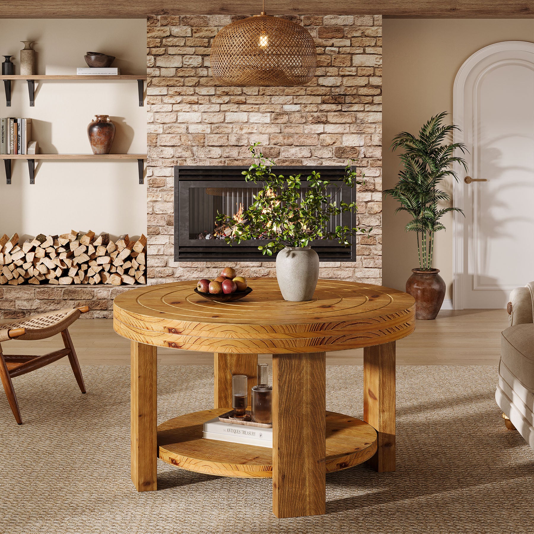 31.5-Inch Round Coffee Table, Farmhouse Solid Wood 2-Tier Storage Accent Table with Boho Design