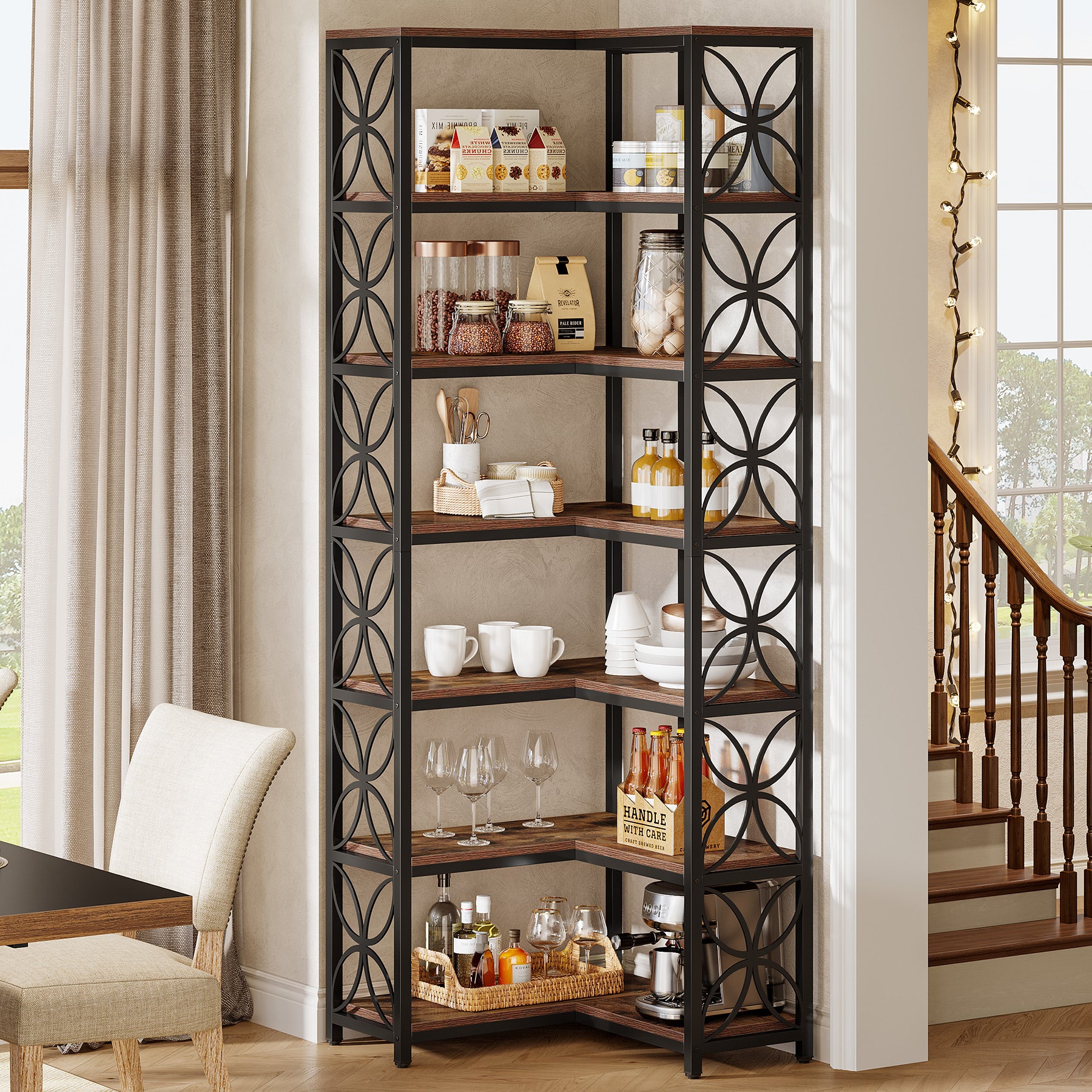 Tribesigns 79-Inch 7-Tier L-Shaped Corner Bookshelf, Tall Wood Bookcase with Metal Frame for Living Room or Office