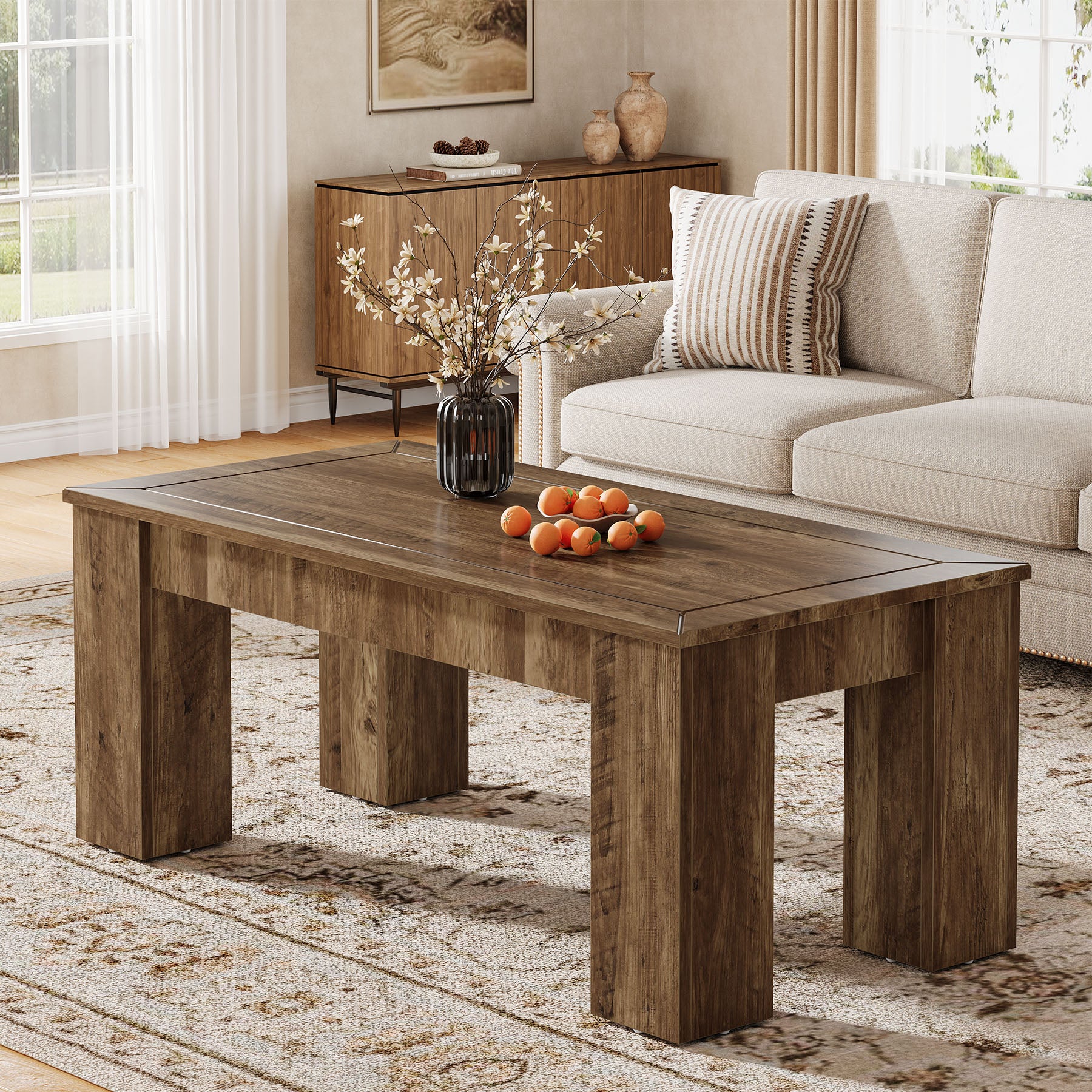 47" Rectangle Coffee Table for Living Room, Farmhouse Style Center Table with Sturdy Legs