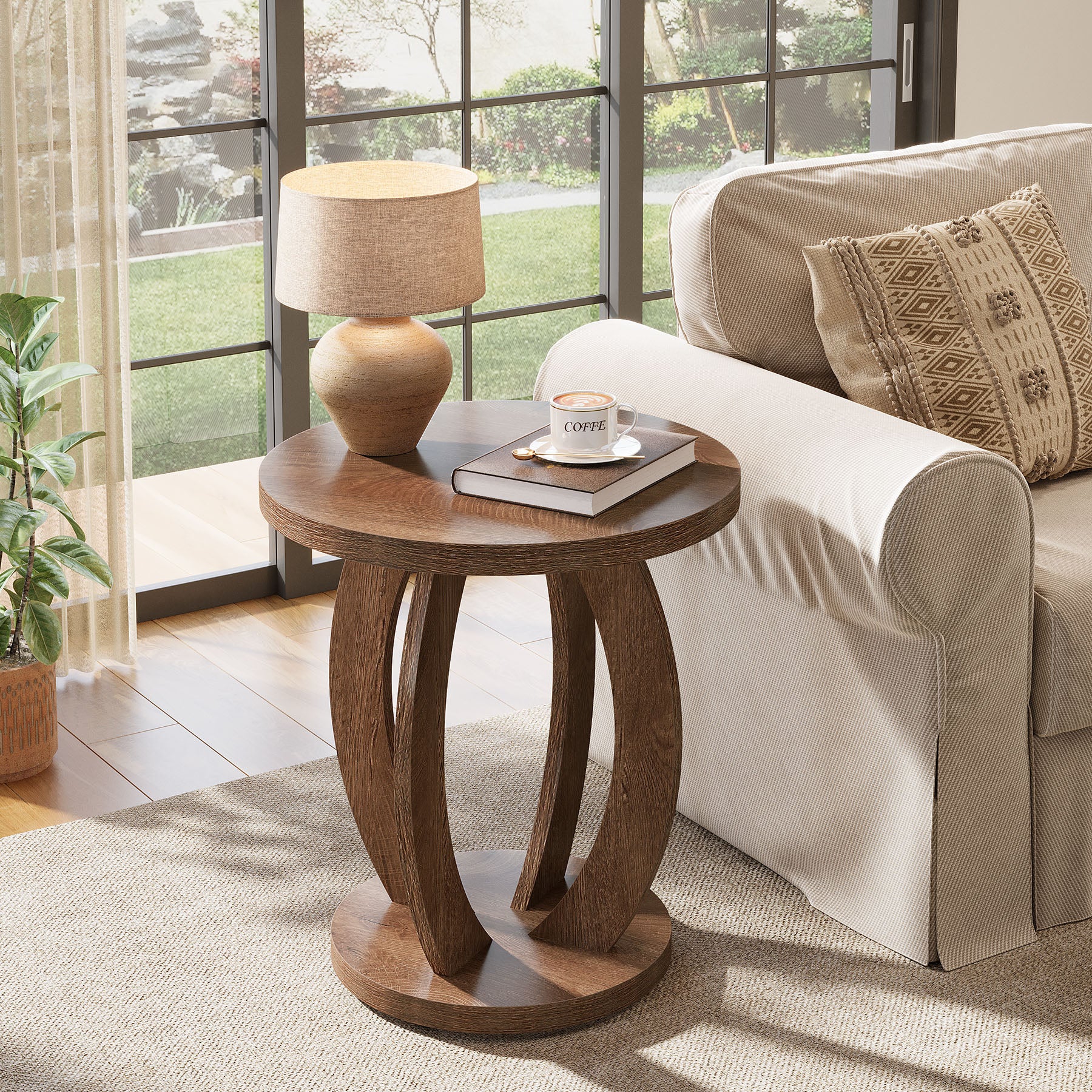 24" Round Farmhouse Nightstand - Bedside Table with Storage, Wood Base, Brown