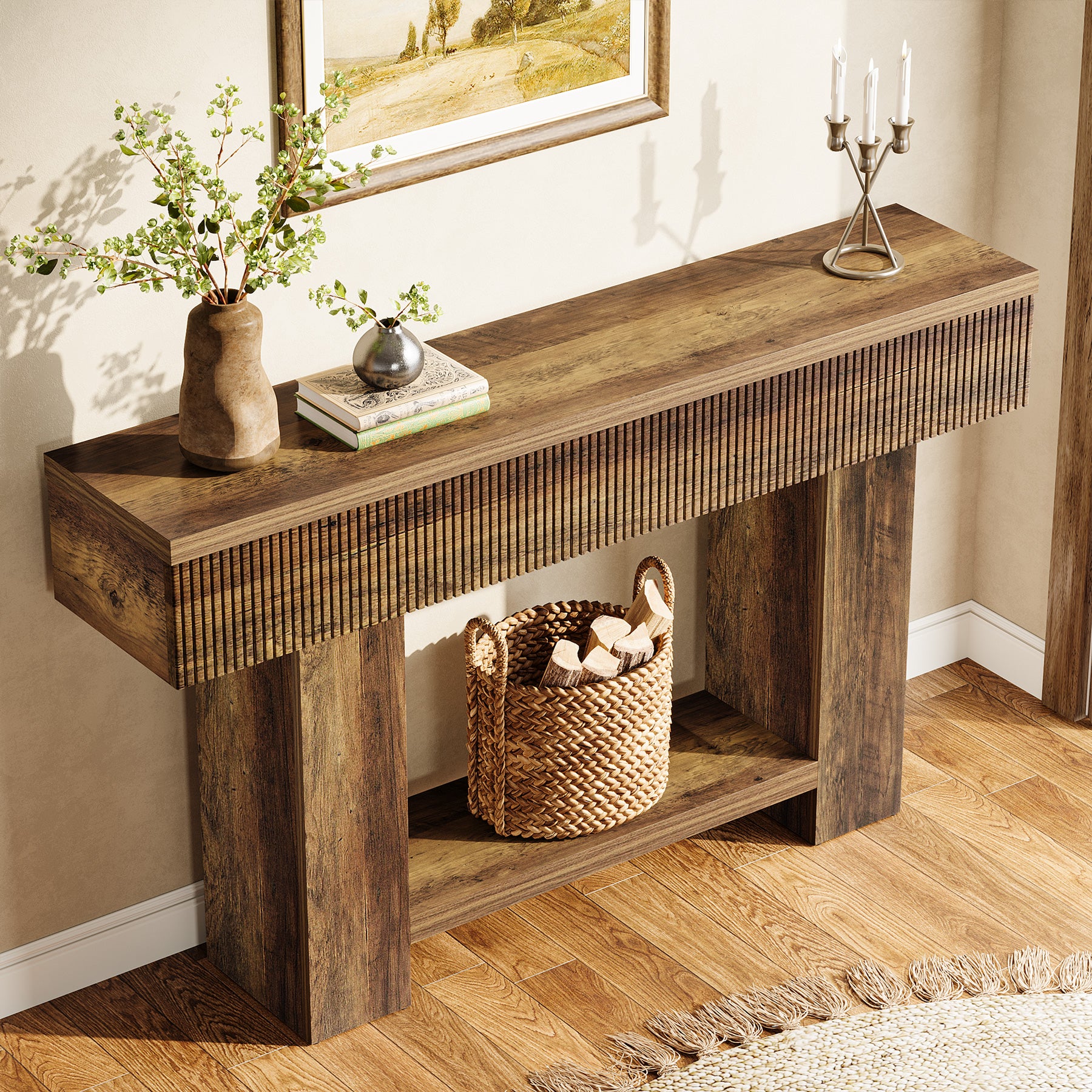 55-Inch Farmhouse Console Table with 2-Tier Storage and U-Shaped Base, Narrow Entryway Sofa Table for Hallway