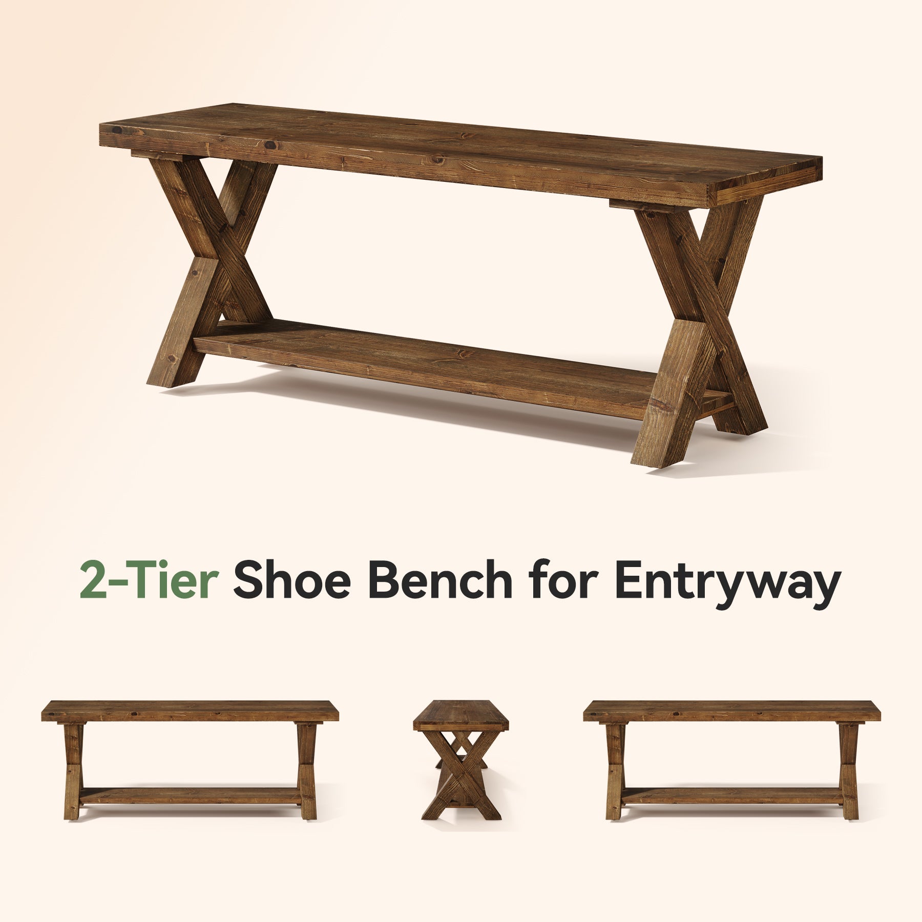 Tribesigns 43.3-Inch Solid Wood Entryway Bench with Storage Shelf and X-Shaped Legs, Farmhouse Shoe Bench for Hallway and Living Room