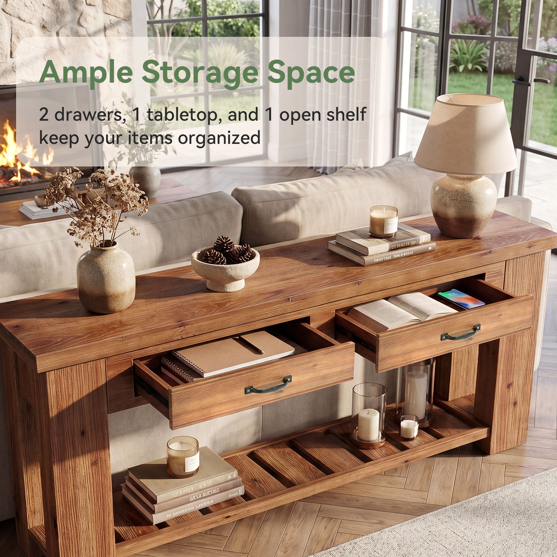 63-Inch Farmhouse Console Table with Solid Fir Wood Frame and 2 Drawers, Long Entryway Sofa Table with Slatted Shelf