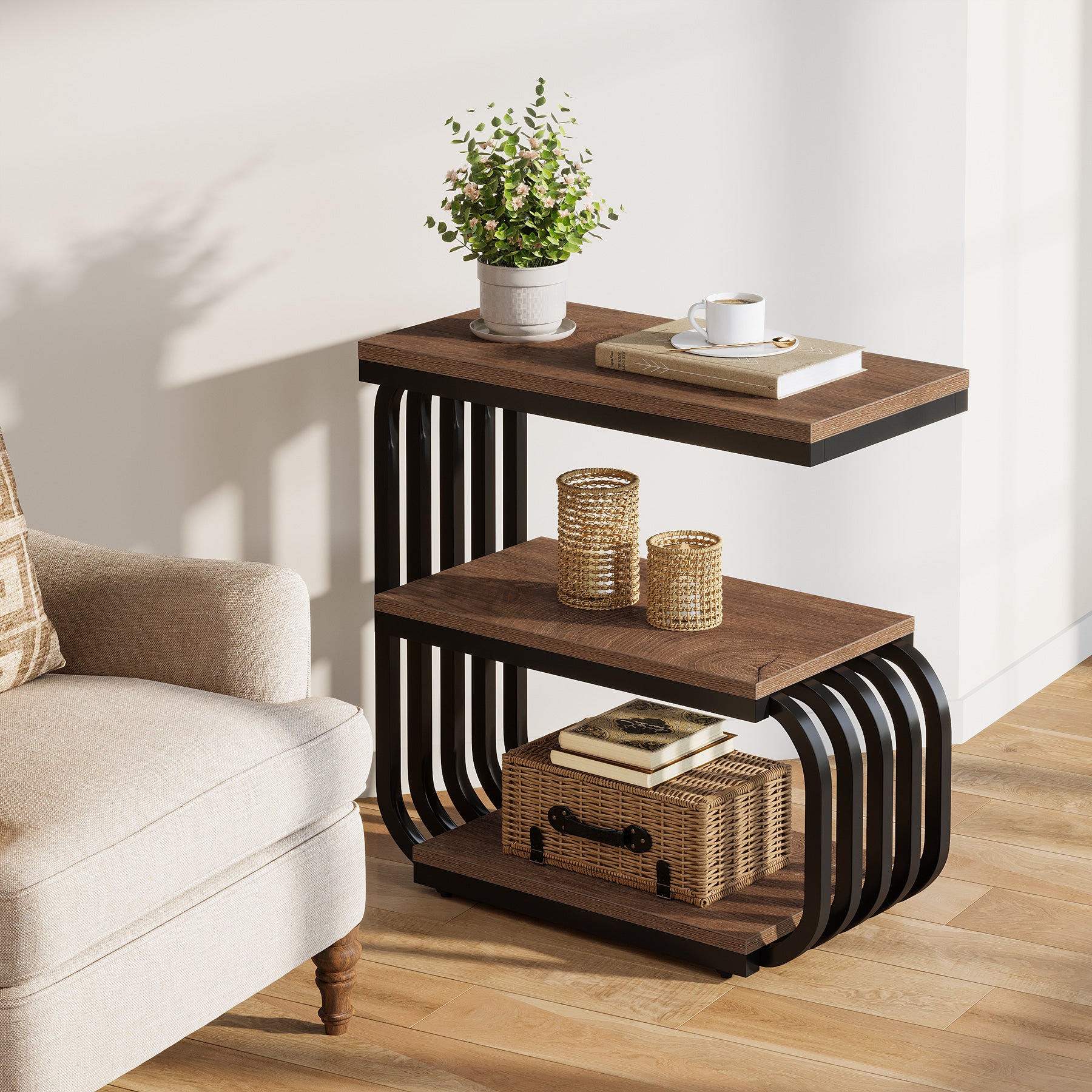 Tribesigns 3-Tier Narrow End Table, C-Shaped Side Table for Living Room