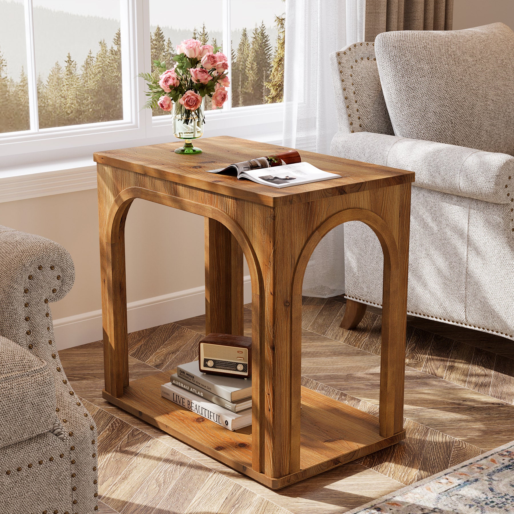 Tribesigns 25.2-Inch Solid Wood End Table with Arched Design and Bottom Shelf, 2-Tier Farmhouse Side Table for Living Room