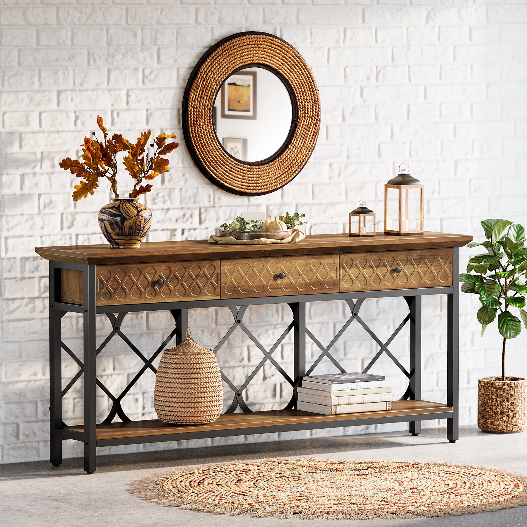 Tribesigns 70.86-Inch Extra Long Console Table with 3 Drawers and Storage Shelf, Industrial Narrow Sofa Table for Living Room Entryway and Hallway