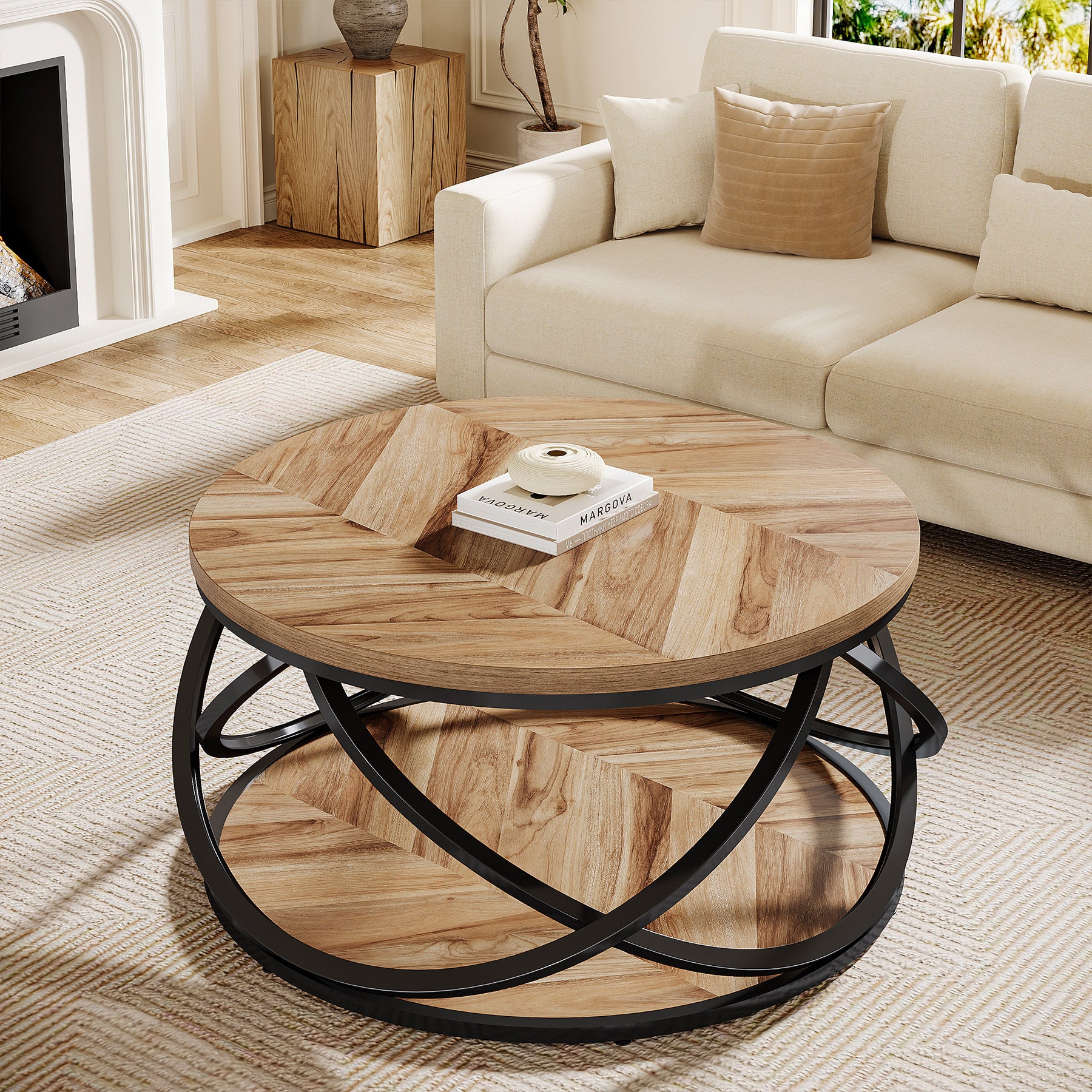 31.5" Two-Tier Round Coffee Table, Modern Circle Center Table with Wood Grain and Cross Metal Base
