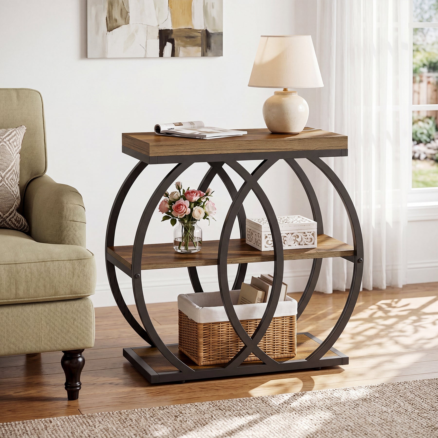 23.62-Inch 3-Tier Narrow End Table with Open Storage Shelves, Industrial Side Table for Living Room