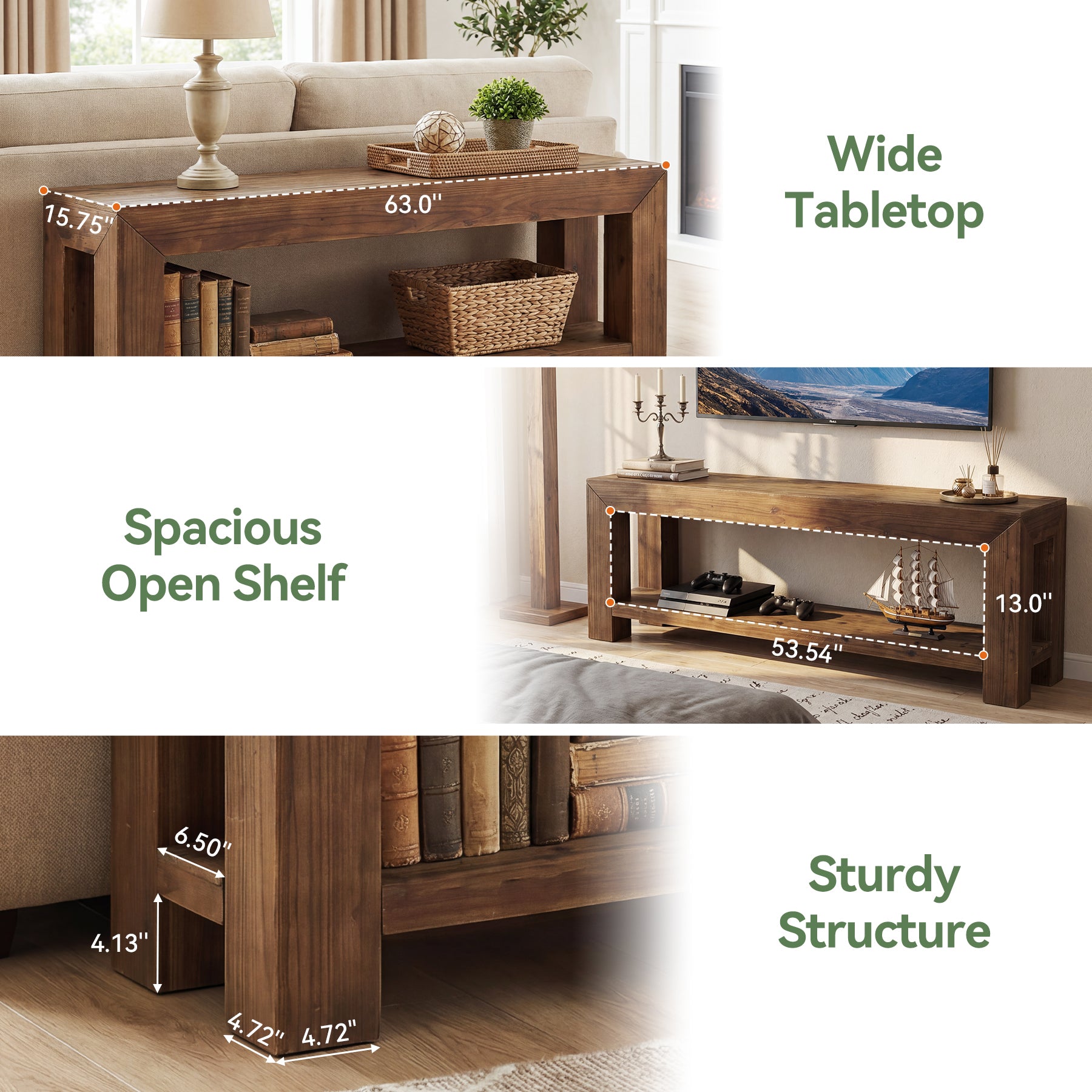 Tribesigns 63-Inch Solid Wood TV Stand for TVs up to 75 Inches with 2-Tier Open Storage Shelves