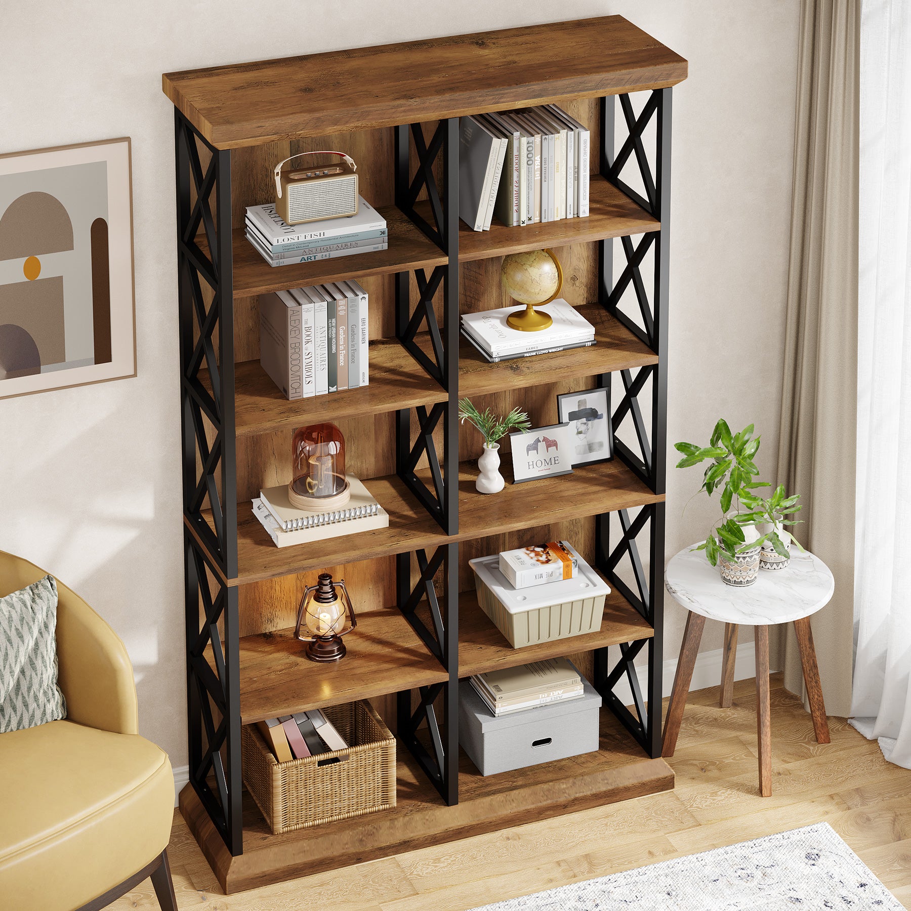 Tribesigns 75-Inch Tall Double Wide Bookcase, 6-Tier Industrial Bookshelf with X-Pattern Frame