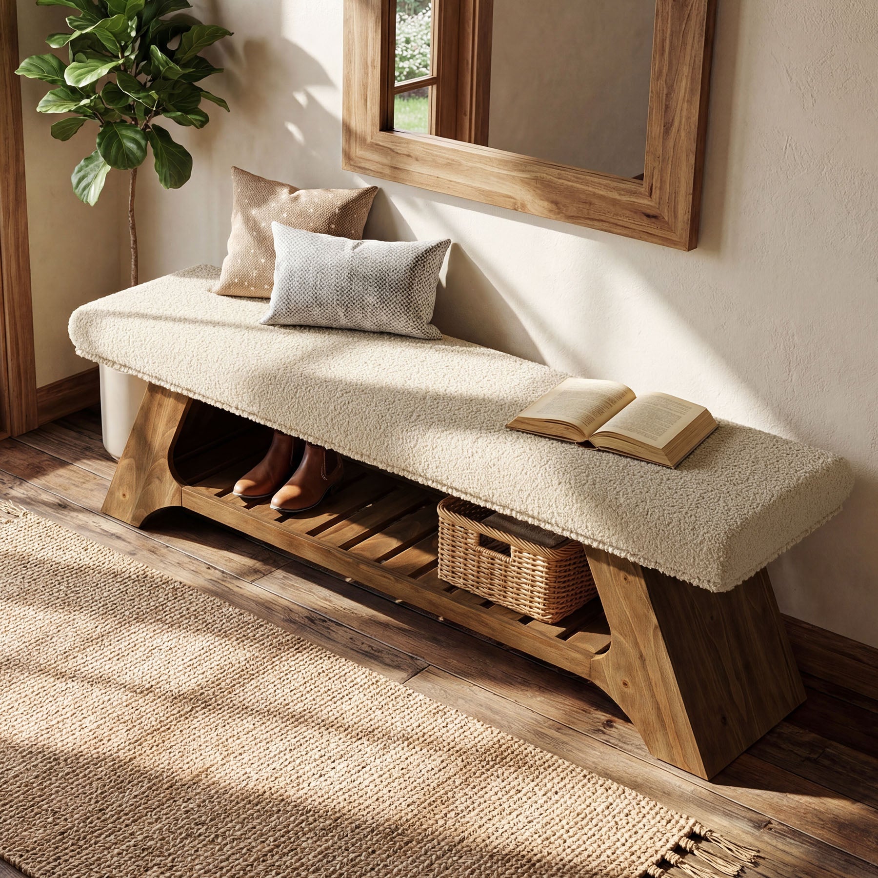 55" Solid Wood Storage Bench with Cushion, Upholstered Entryway Shoe Bench
