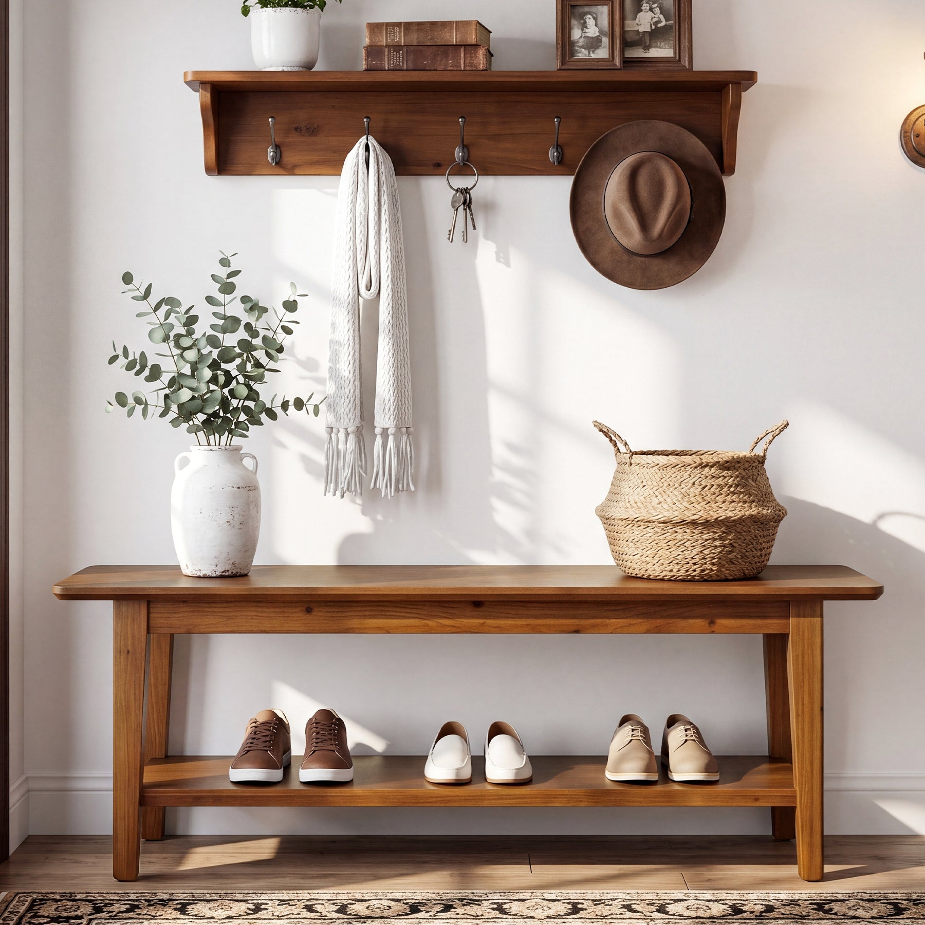 Tribesigns 55.12-Inch Wooden Shoe Bench with Open Shelves, Farmhouse Entryway Bench for Hallway