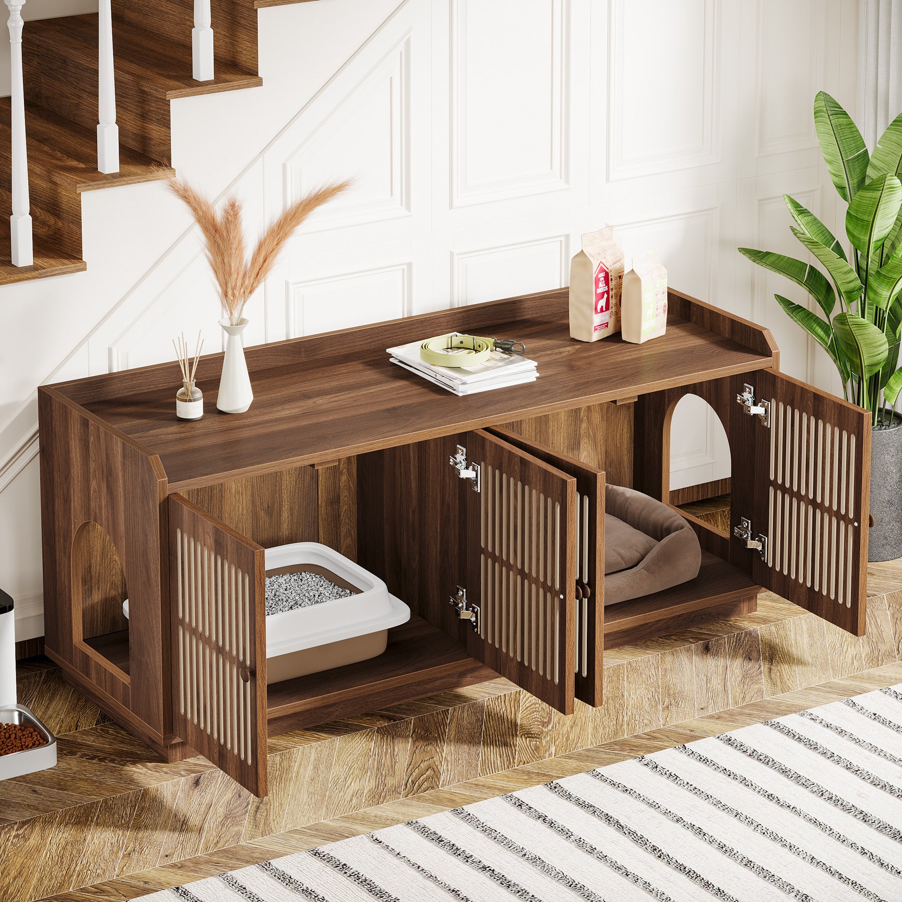 55.1-Inch Extra Large Cat Litter Box Enclosure for 2 Cats with 2 Cabinets and Side Entry, Hidden Wooden Cat Washroom Furniture for Living Room