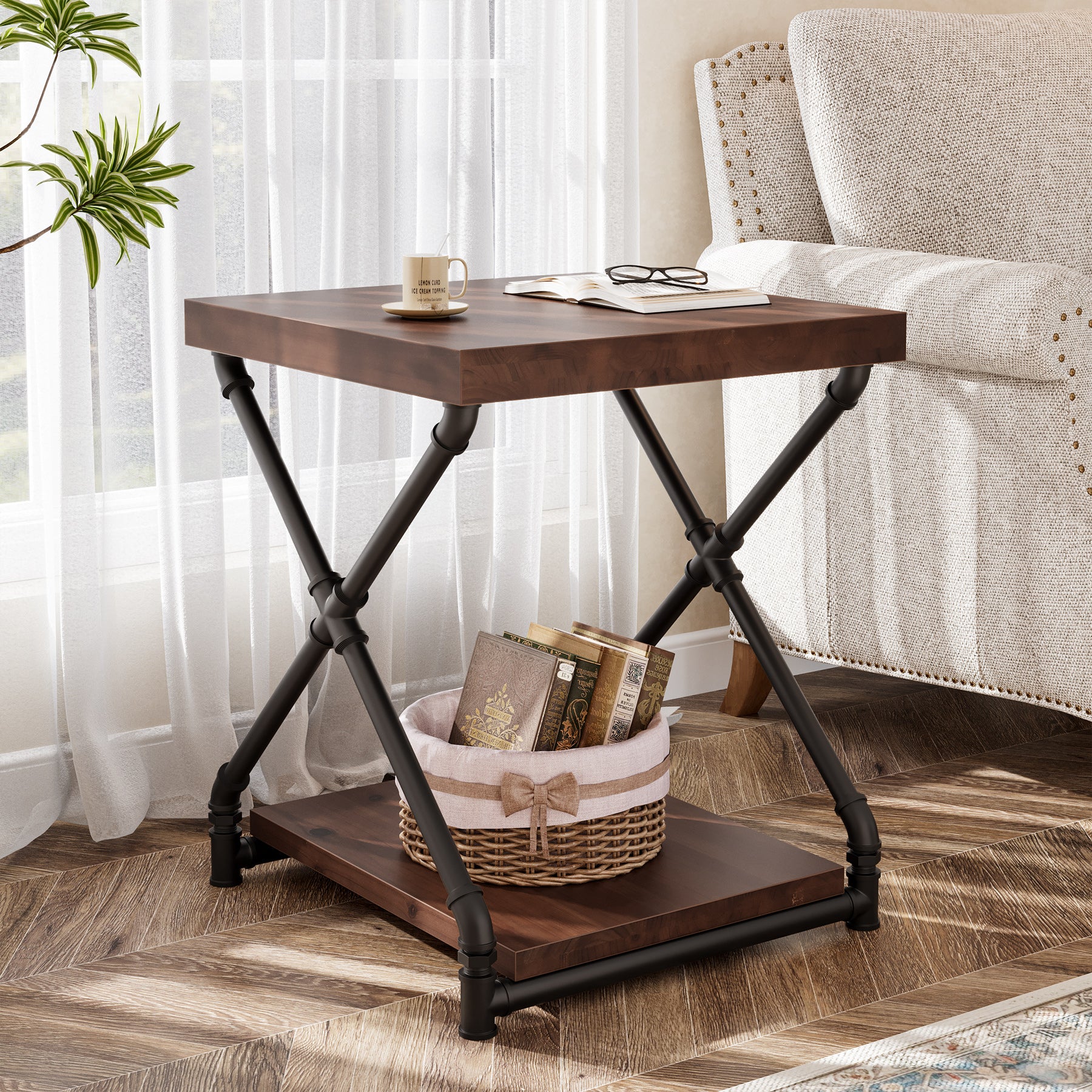 Solid Wood End Table with Storage Shelf and X-Shaped Legs, Small Wood Nightstand