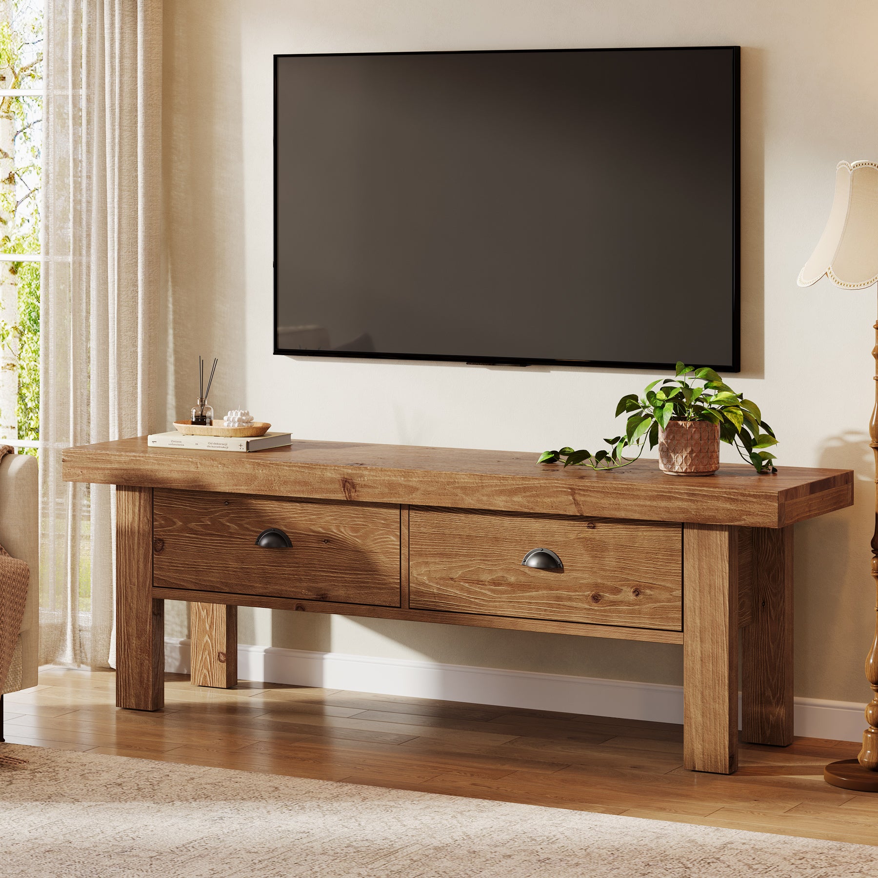 Tribesigns 55 Inch Solid Wood Storage Bench with 2 Drawers, Farmhouse Entryway Seat for Hallway