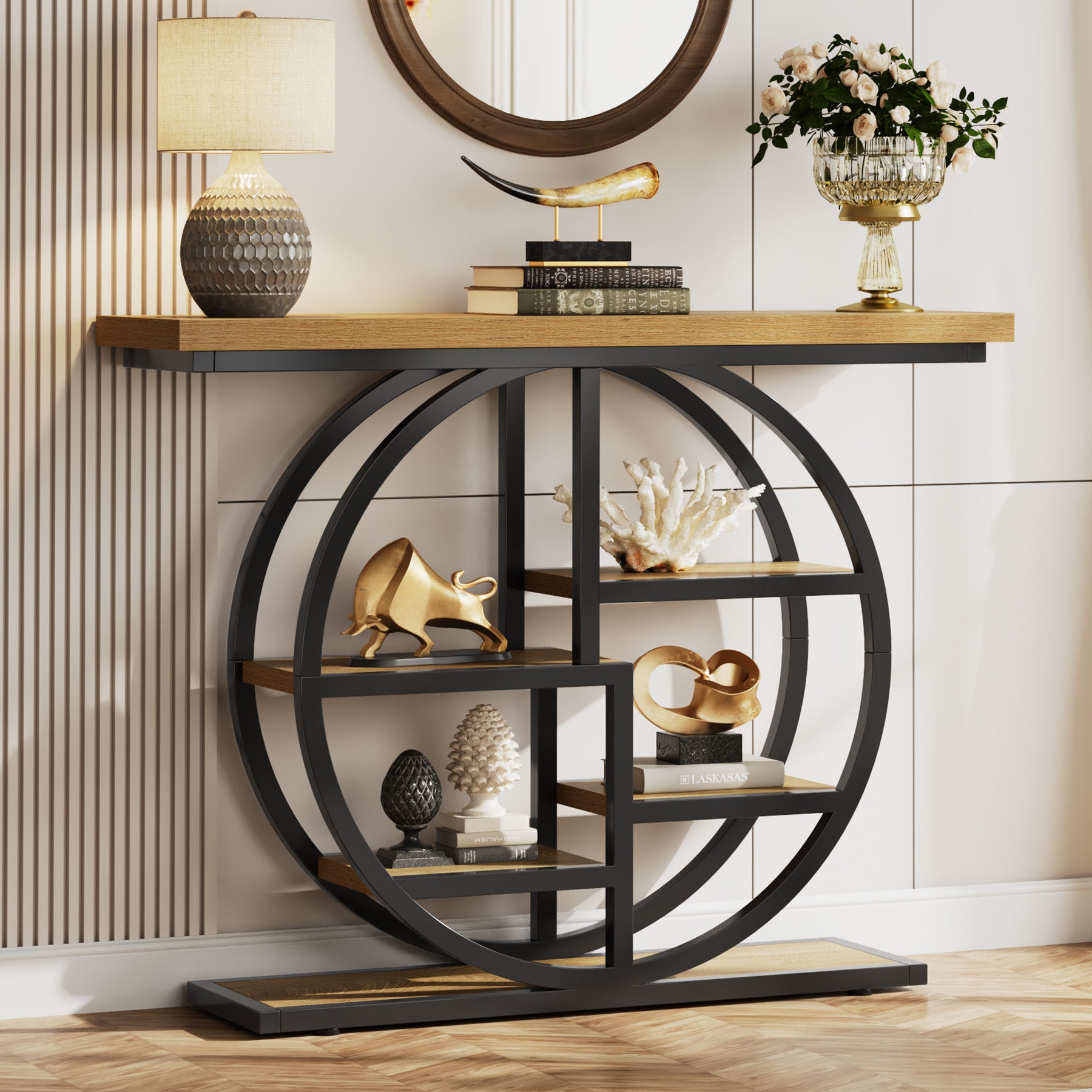 Tribesigns Industrial Console Table - 105cm Narrow 6-Tier Sofa Entryway Table with Circle Base, Storage Shelves