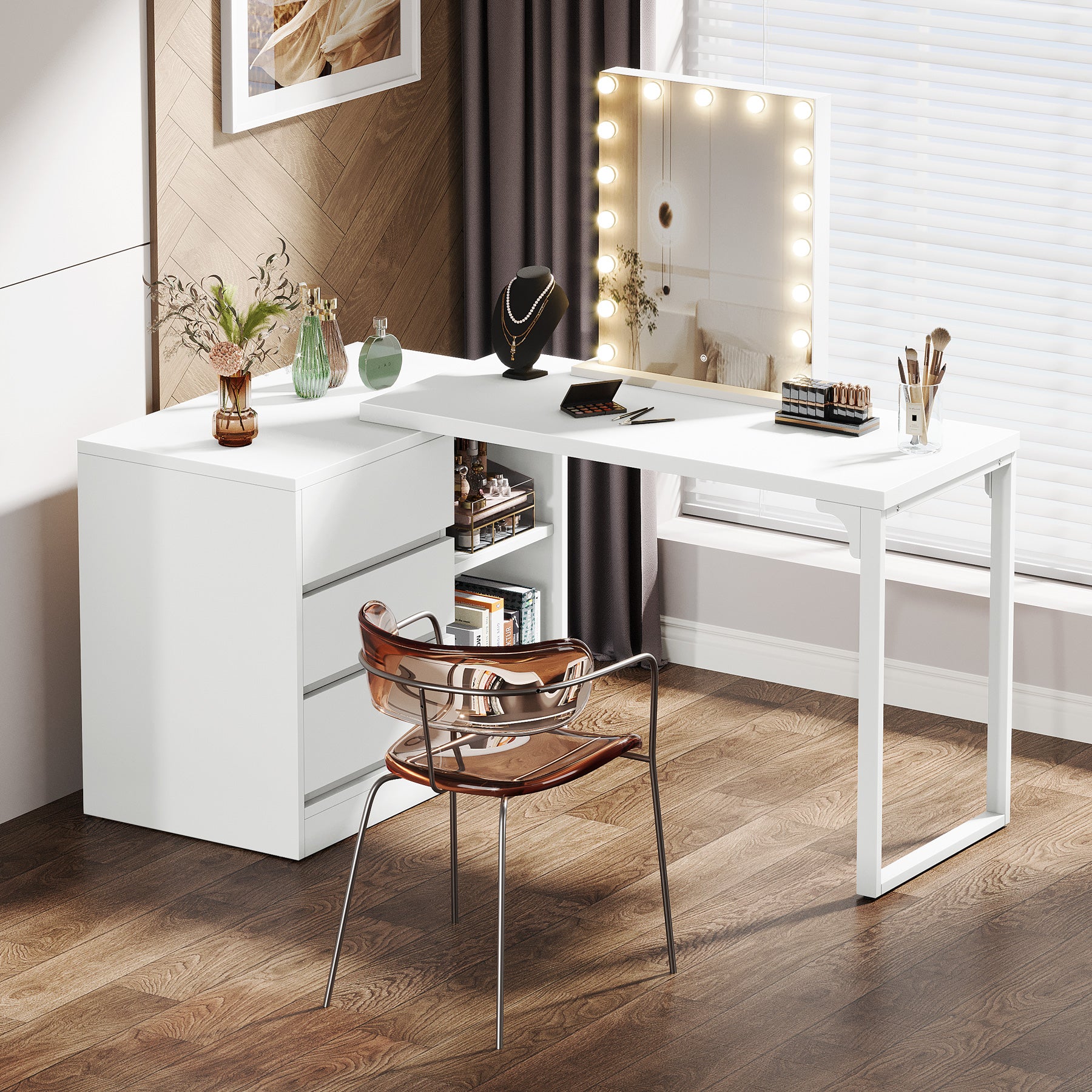 Tribesigns Vanity Desk with 3 Drawers and 2 Shelves, Matte White Makeup Table with Reversible Storage Cabinet for Bedroom