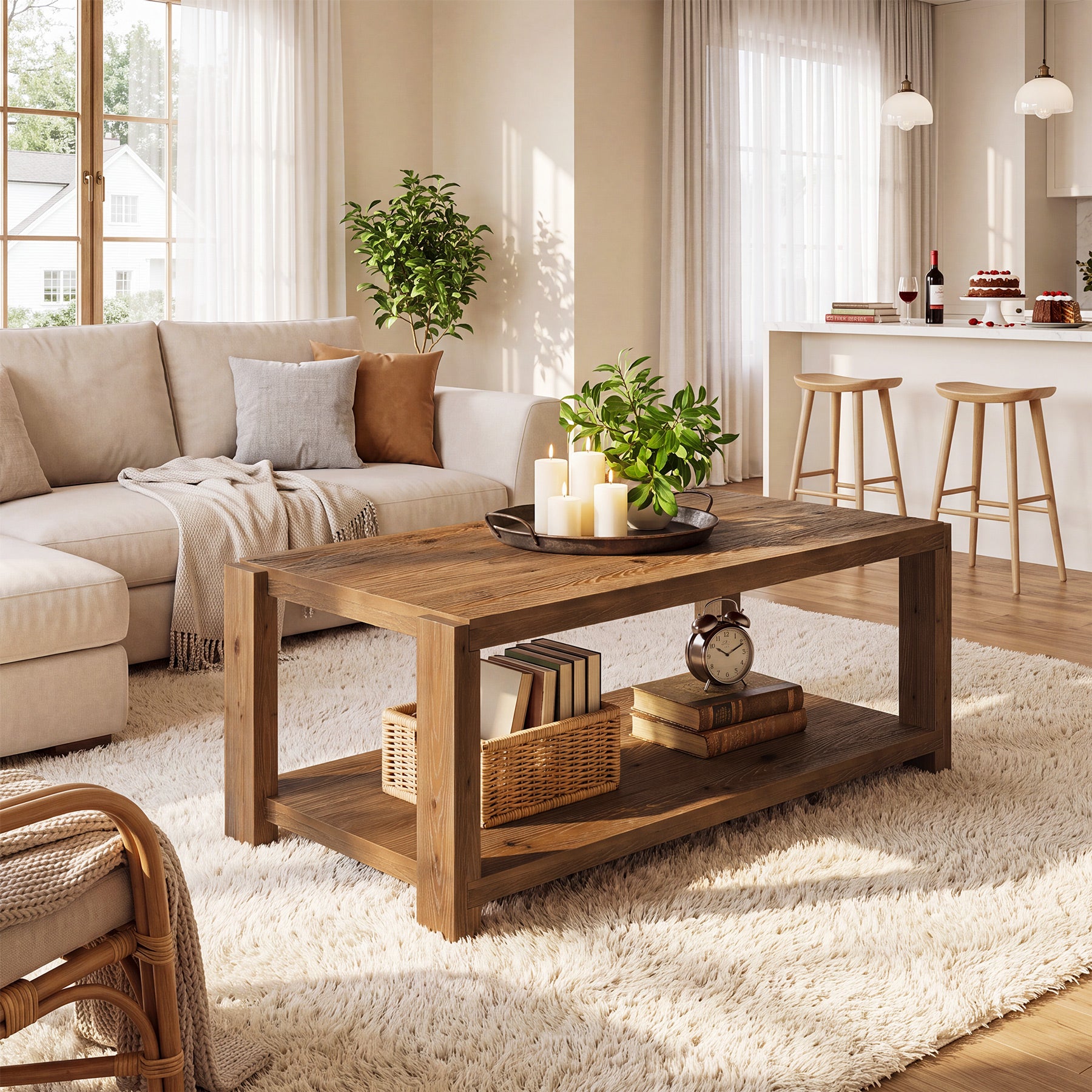 Tribesigns 47-Inch Solid Wood Coffee Table, 2-Tier Farmhouse Cocktail Table with Storage Shelf