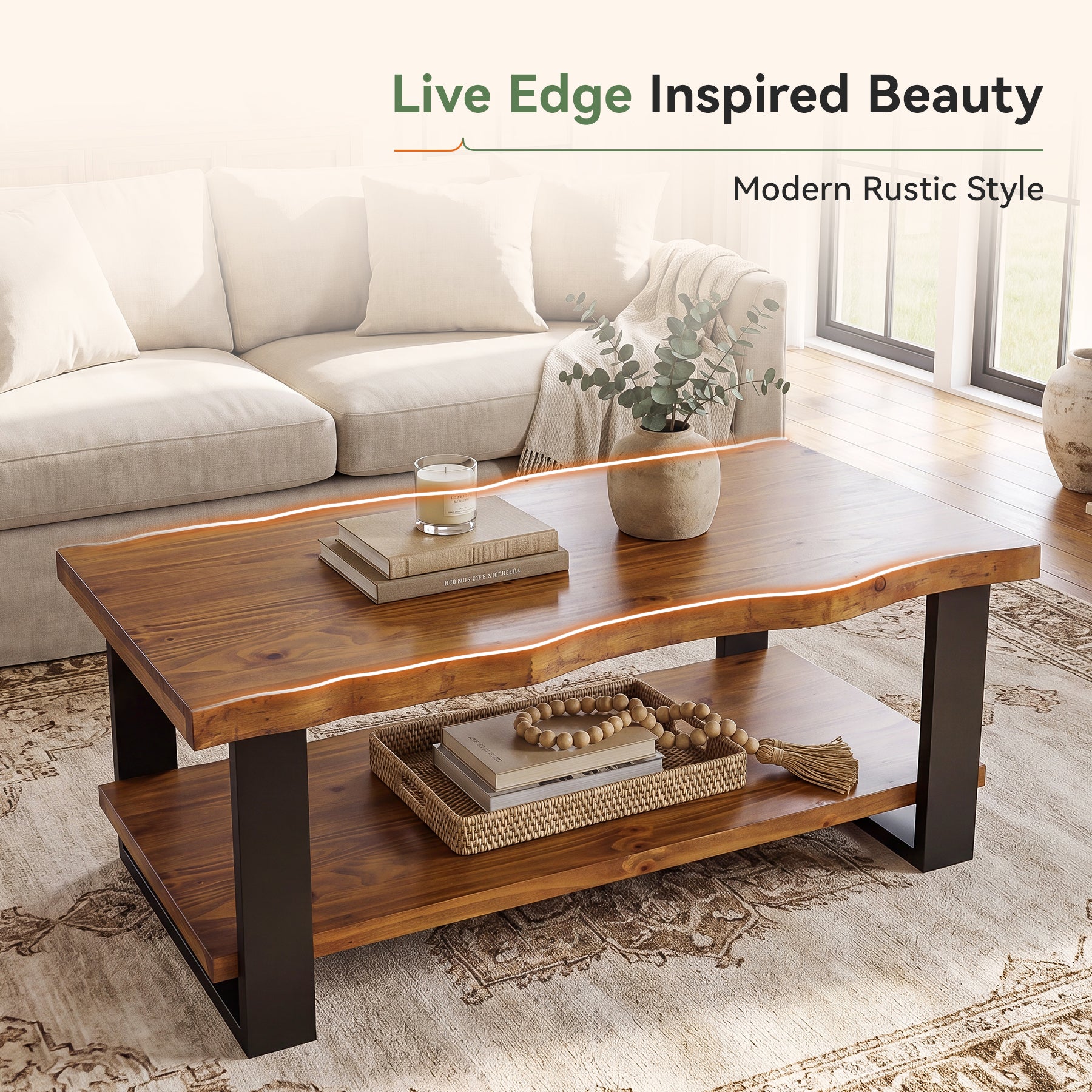 Tribesigns 47-Inch Solid Wood Coffee Table with Live Edge Top, 2-Tier Storage Table for Living Room